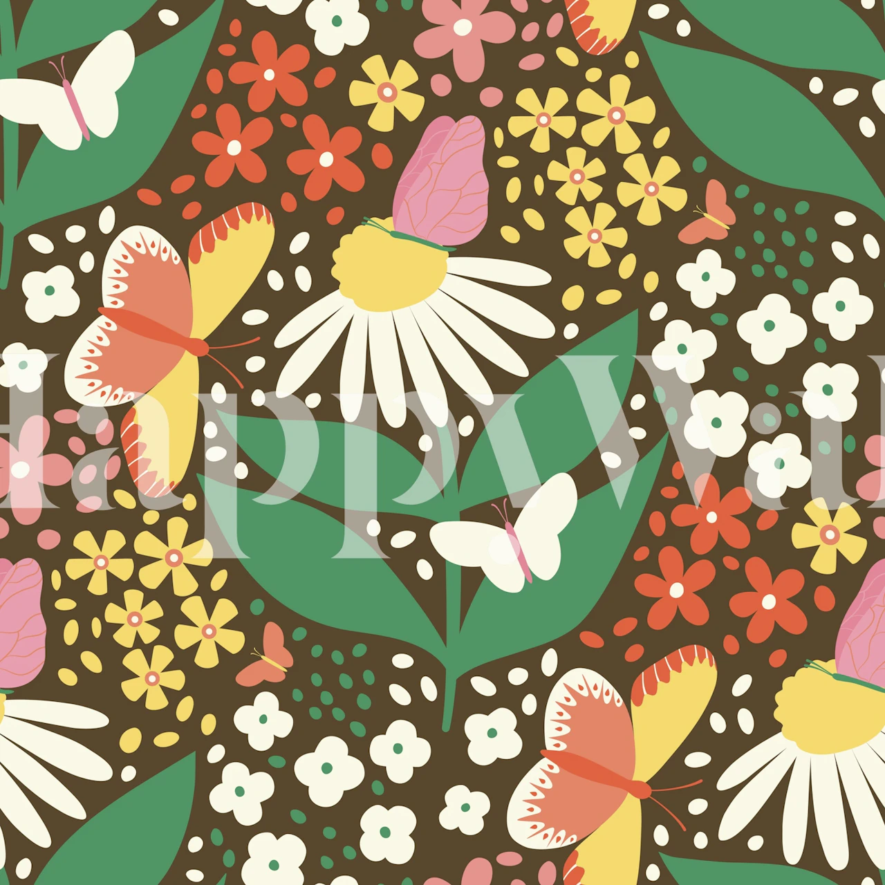 Daisies and butterflies tapet i ett rum