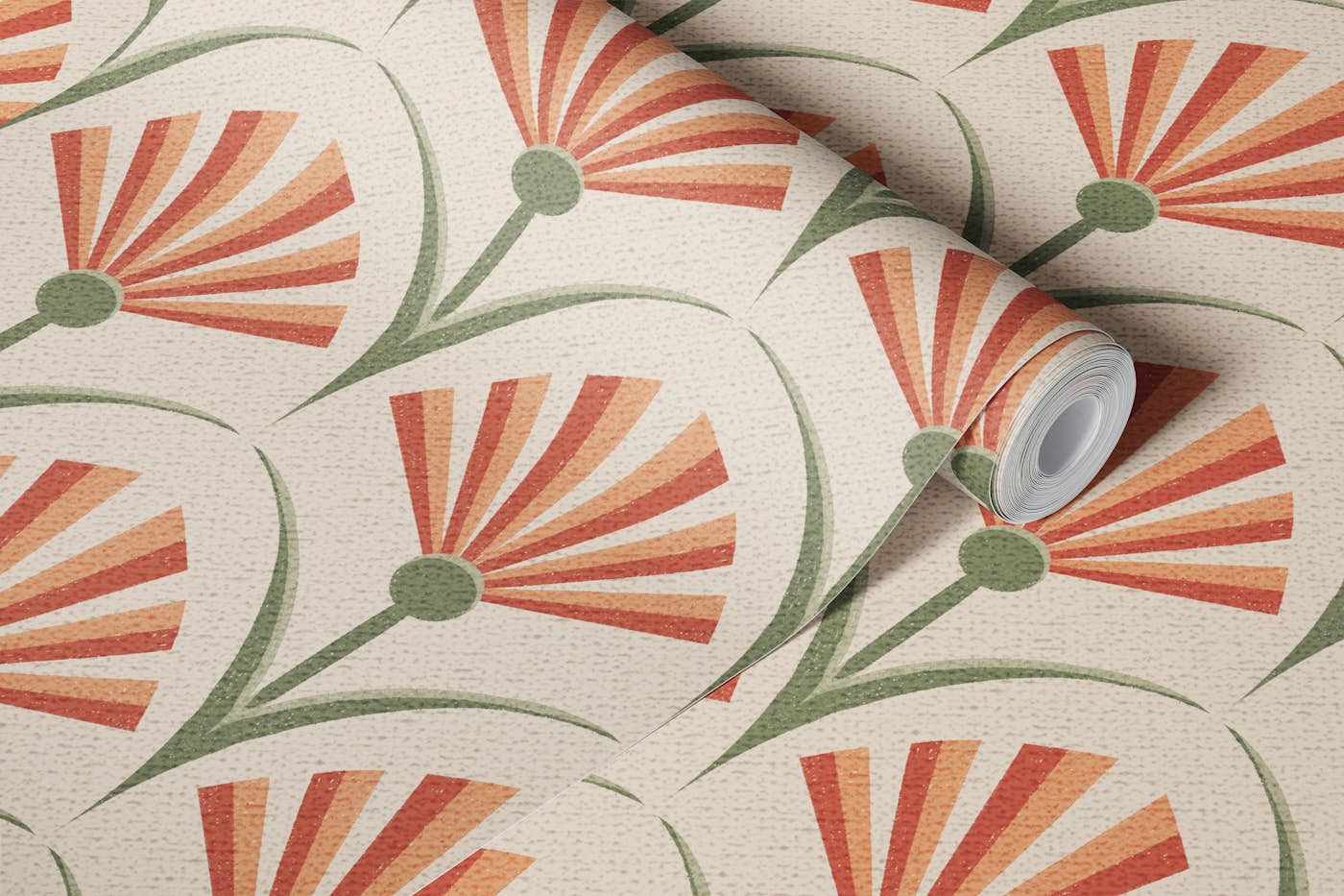 Retro Floral Fans Art Deco Flowers Terracotta wallpaper roll