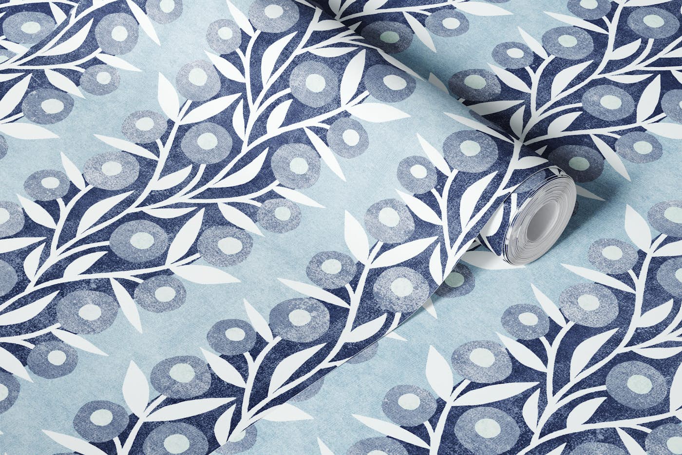 Paper Cutout Circle Floral on Denim Blue wallpaper roll