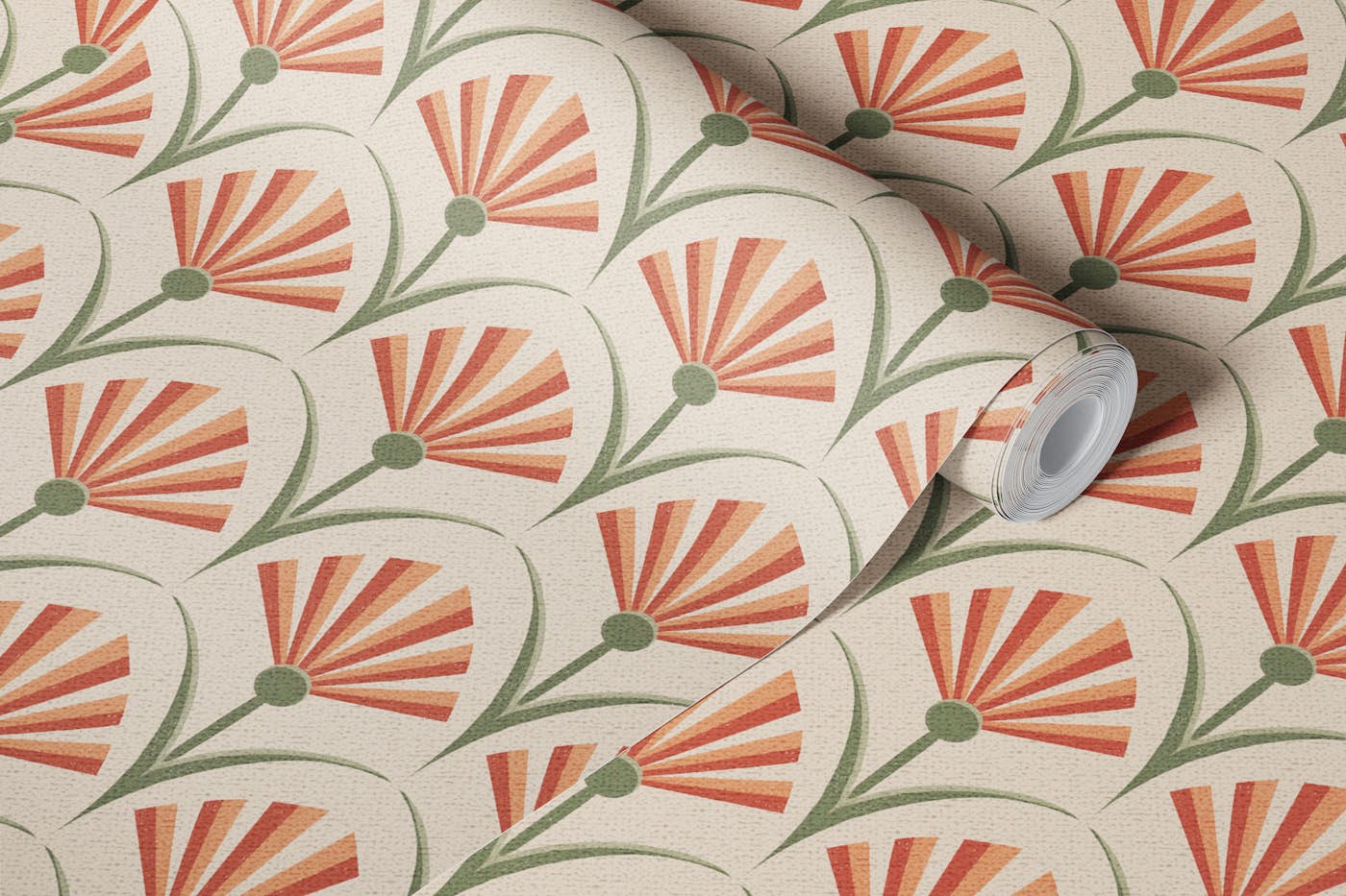 Terracotta Floral Fans Muted Colors Flowers wallpaper roll