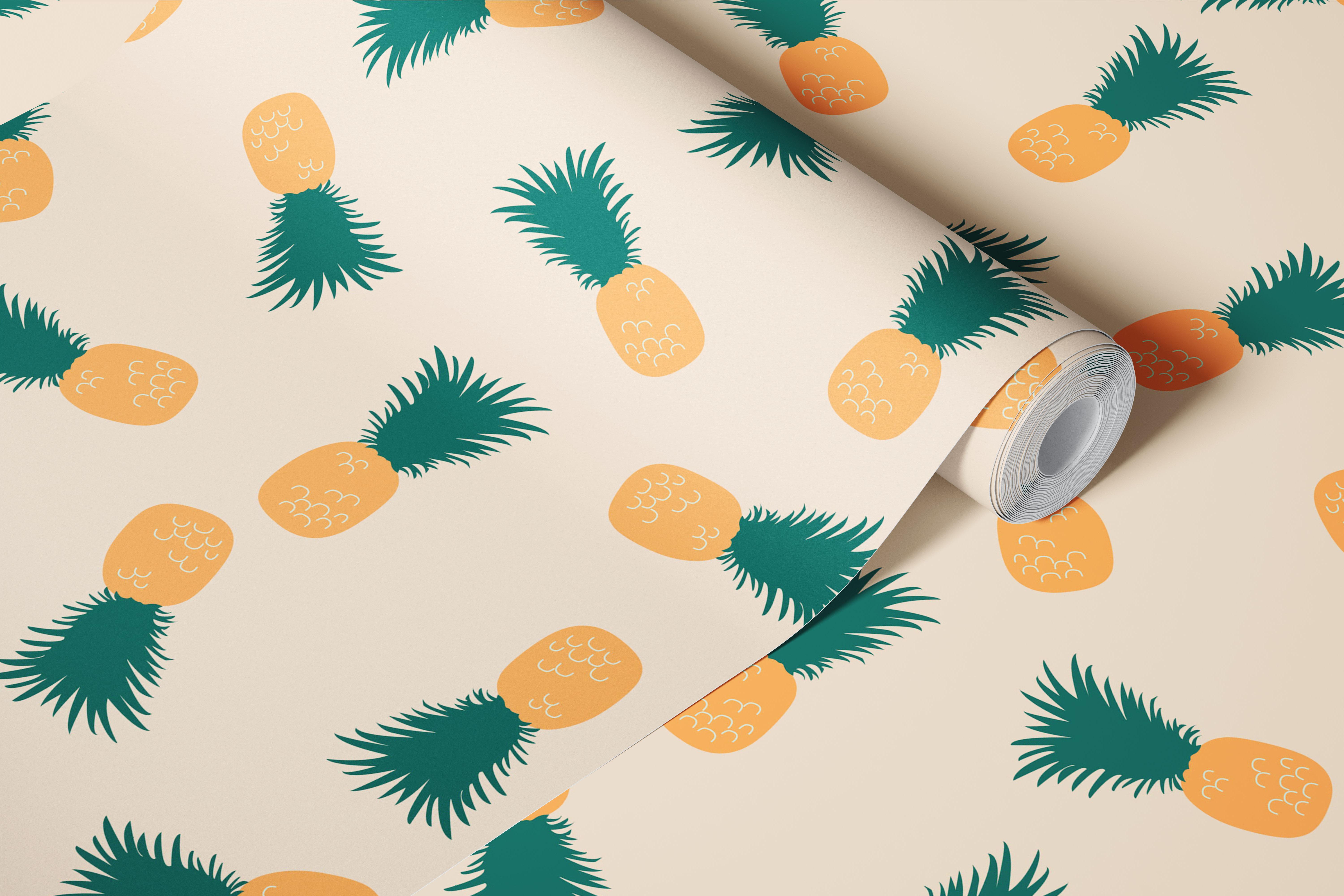 Pineapple design with green leaves and beige background wallpaper