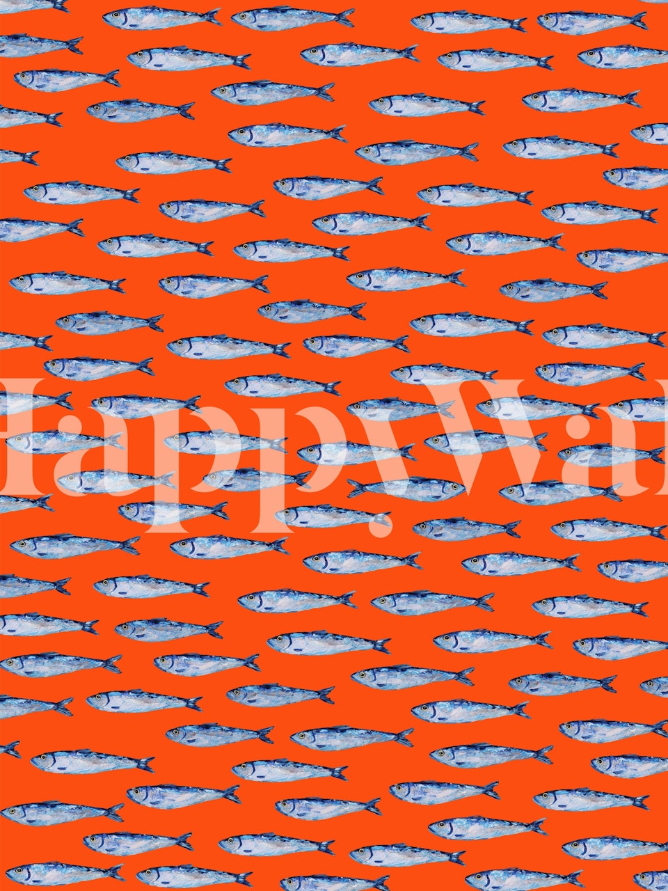 Fotomural con estampado de sardinas azules sobre fondo naranja.