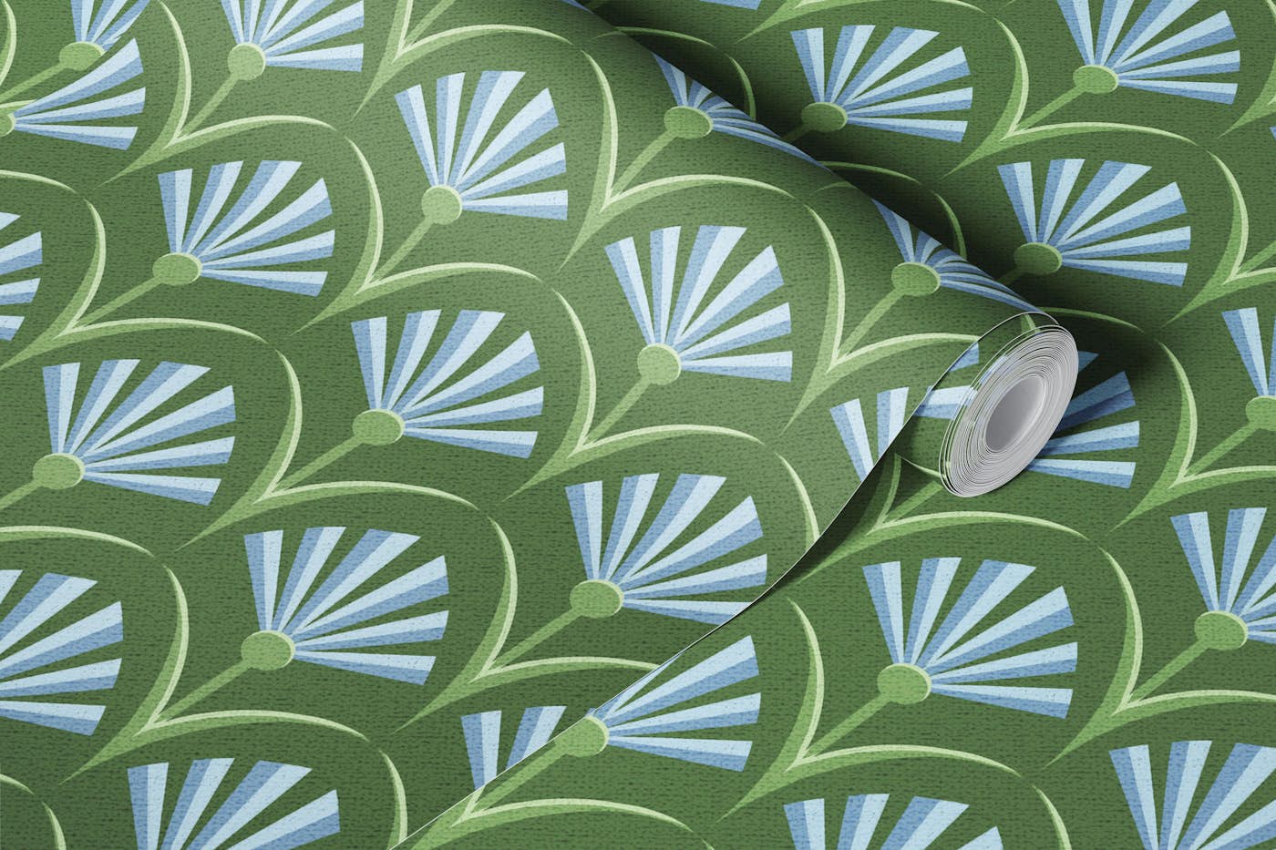 Dark Green Art Deco Fans Blue Floral wallpaper roll