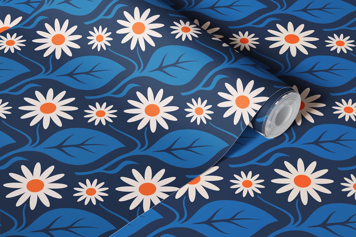 Elegant Daisy Harmony in Blue Orange - S wallpaper roll