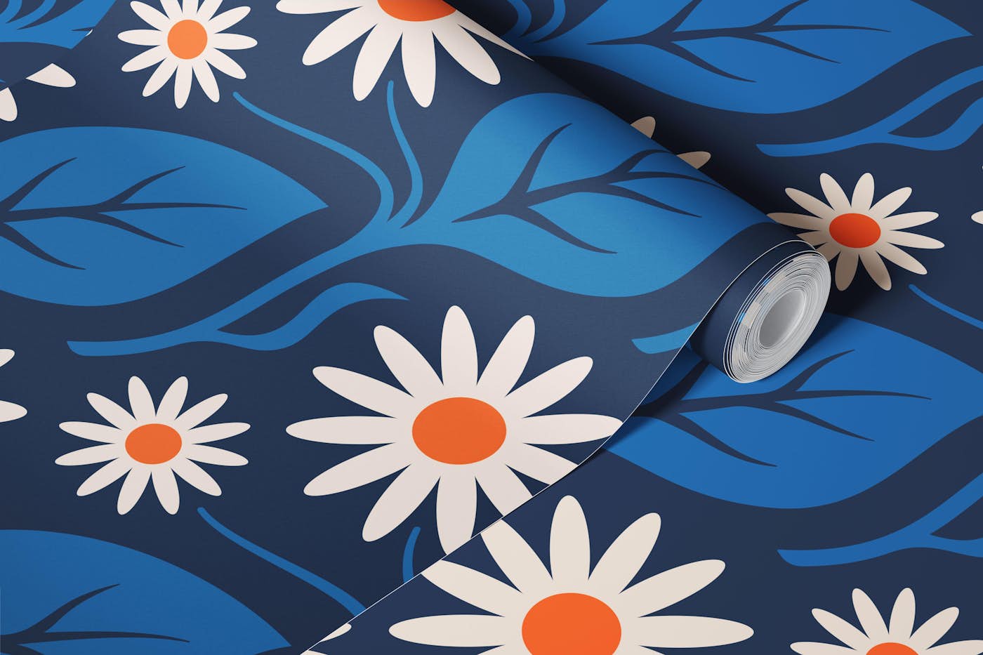 Elegant Daisy Harmony in Blue Orange - L wallpaper roll