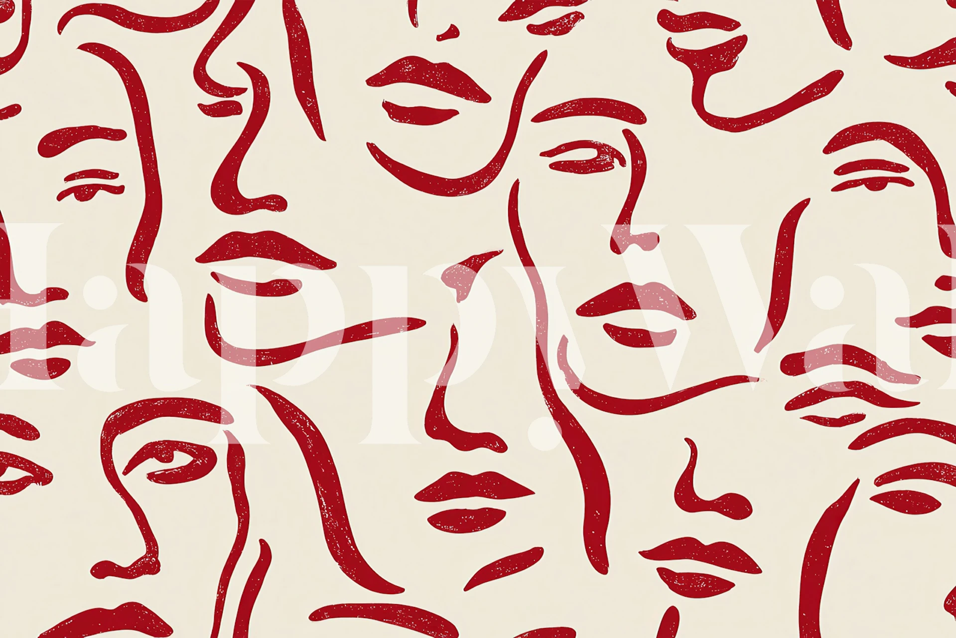 Abstract faces in red on cream background wallpaper