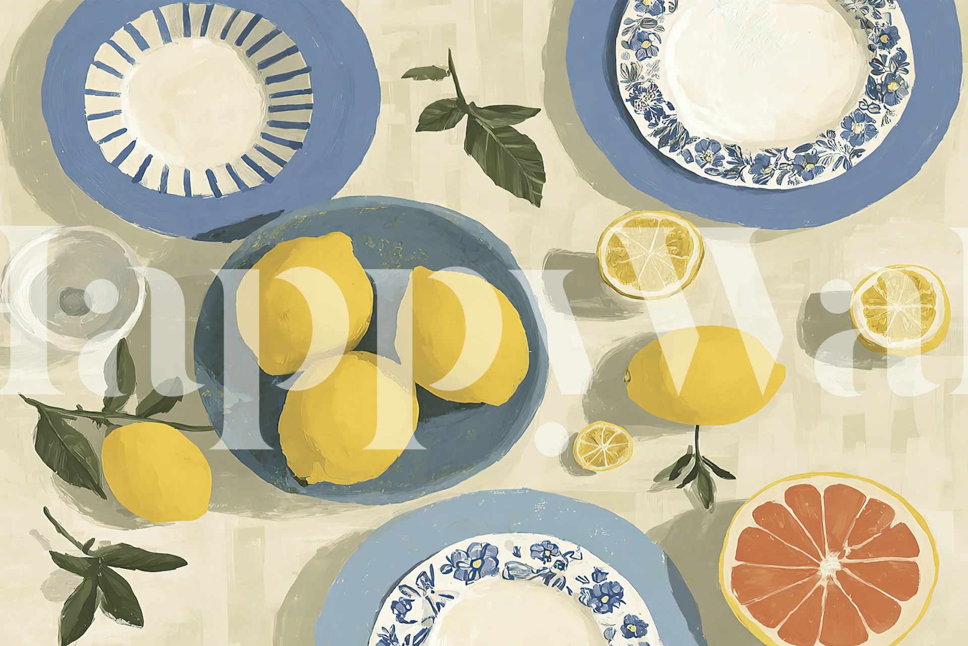 Summer afternoon wallpaper featuring lemons and plates