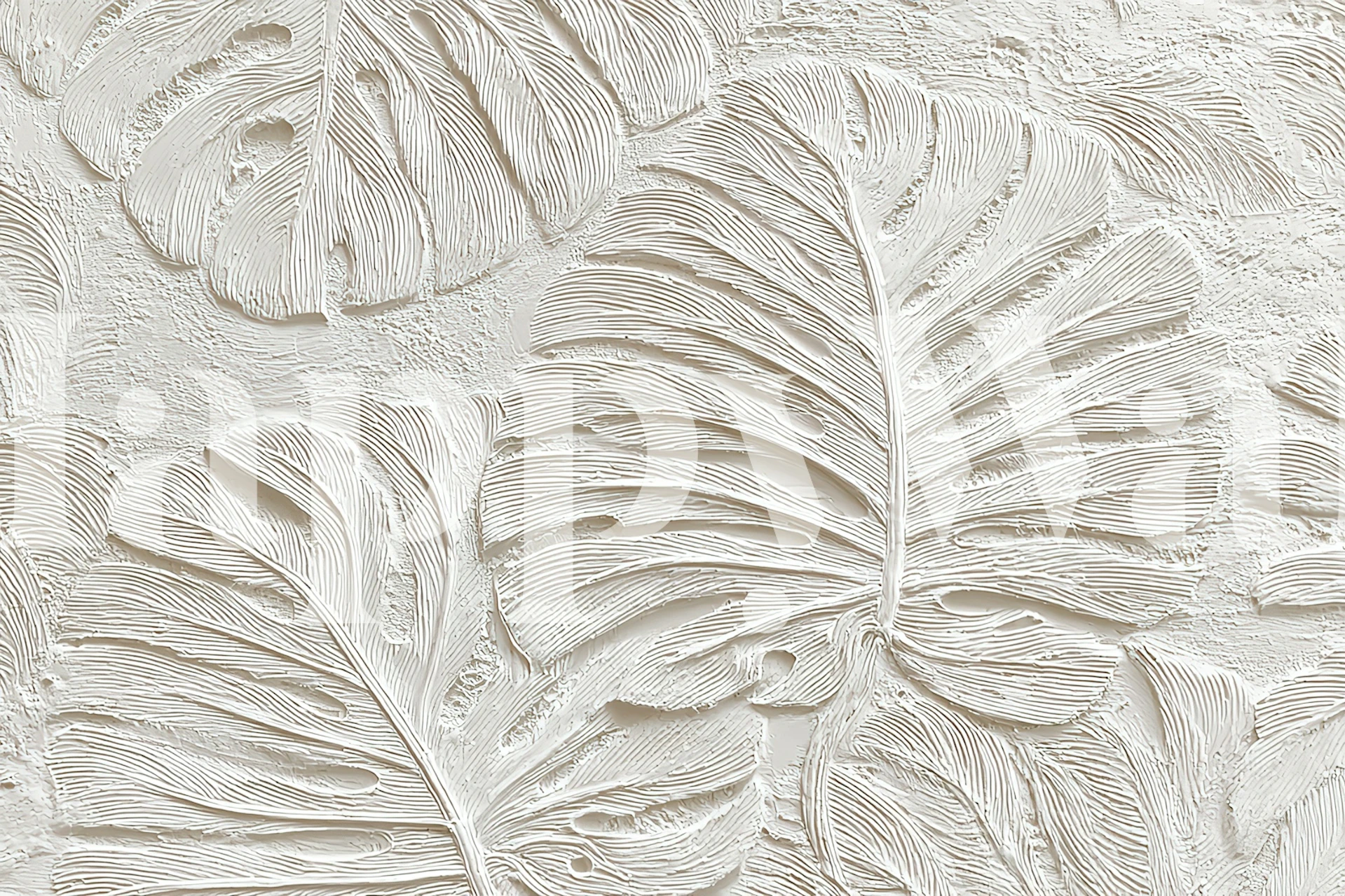 Textured wallpaper with embossed monstera leaves in white