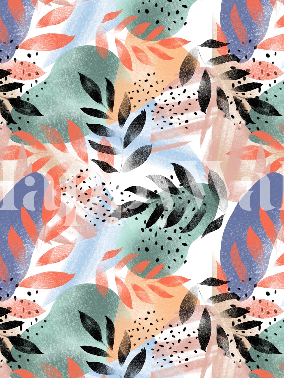 Colorful abstract pattern with tropical leaves and shapes wallpaper