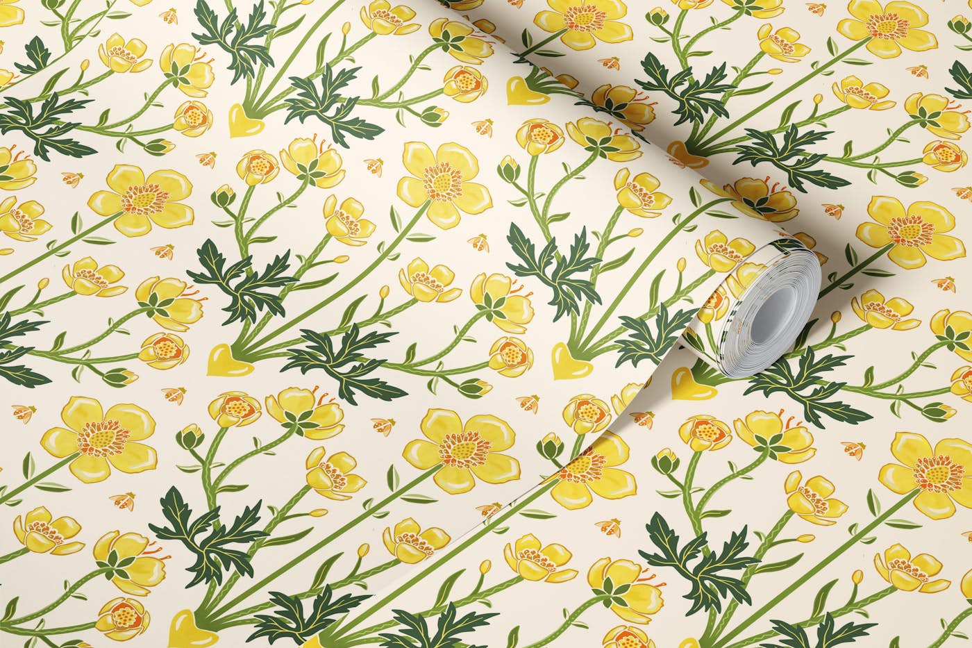 Buttercup garden with bees wallpaper roll