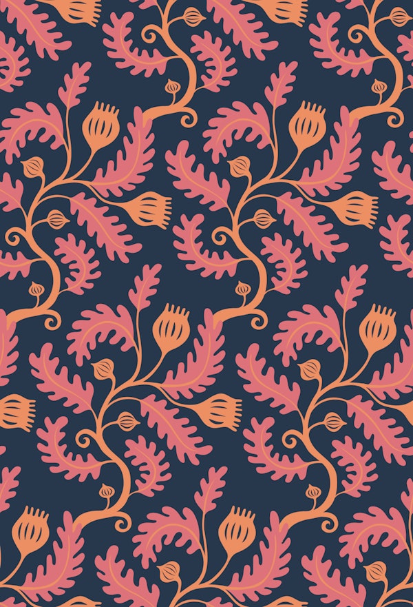 Twisting Vine - pink peach on navy Medium