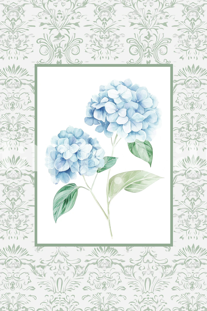 Hydrangeas in soft blue with green leaves on a patterned background wallpaper