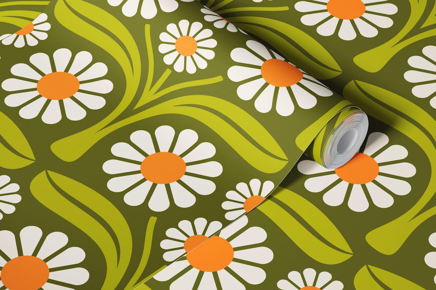 Bold Daisy Retro in Green Orange - L wallpaper roll