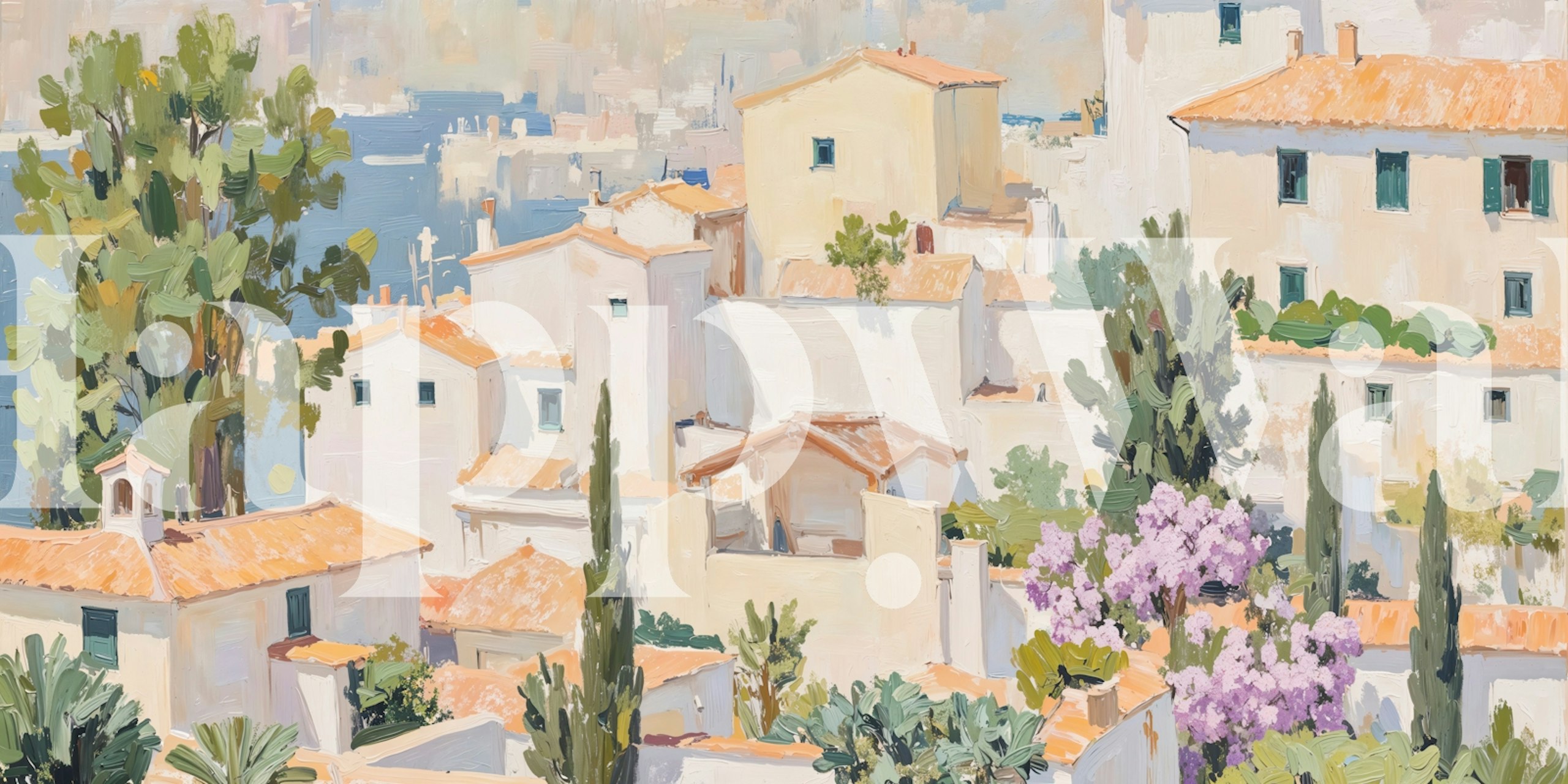 Mediterranean village scene with white houses and green trees wallpaper