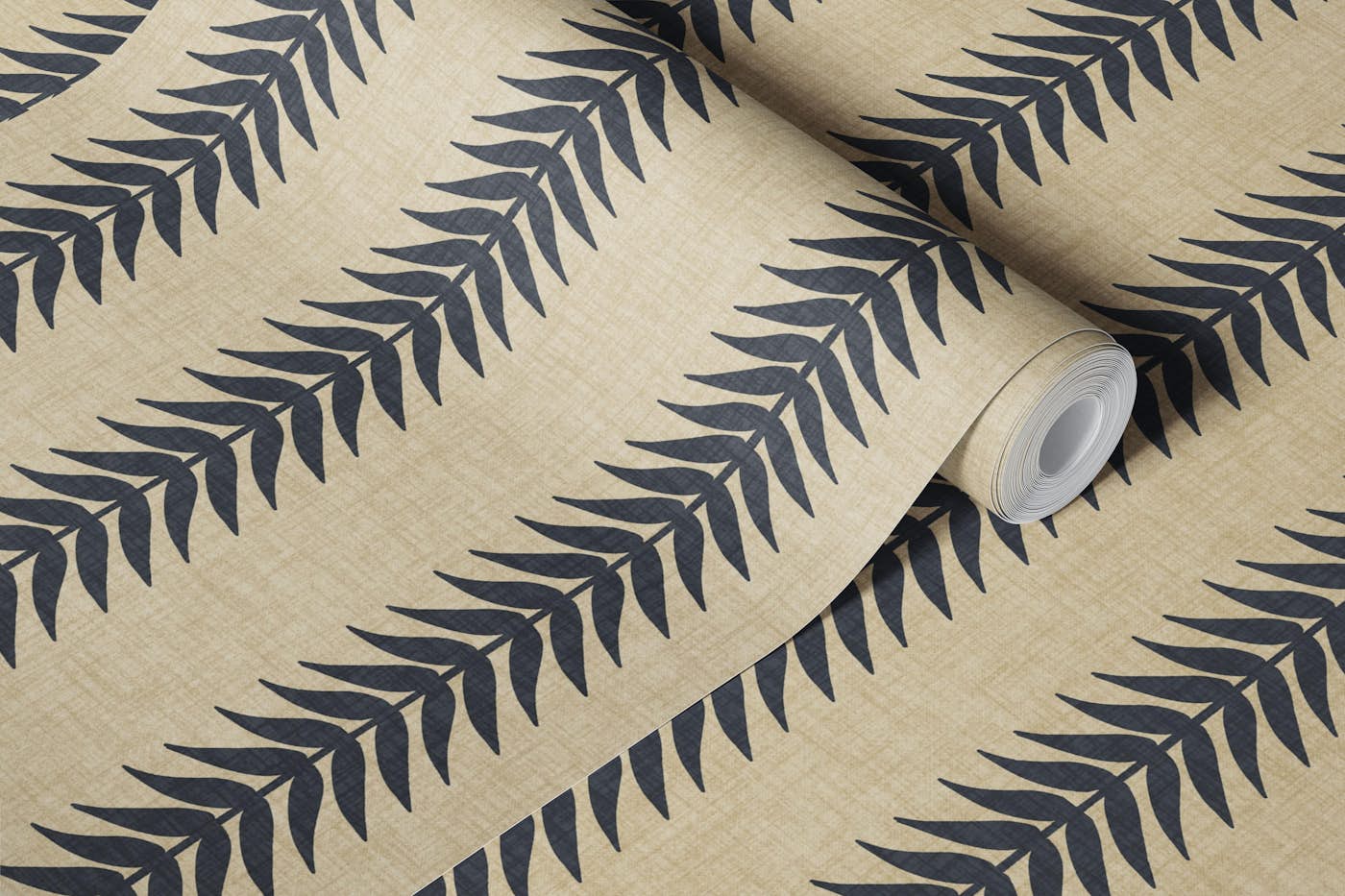 Charcoal Fern Leaf Stripe on Sand Linen wallpaper roll