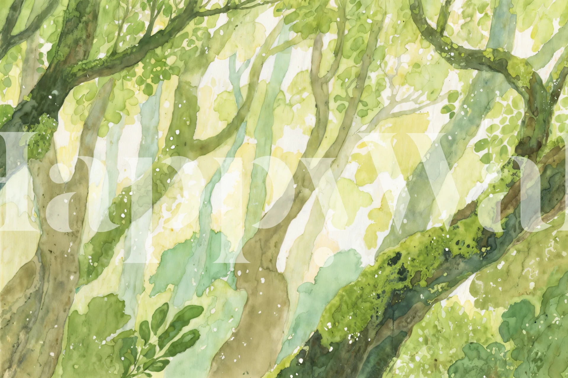 Mossy trees with green leaves and trunks wallpaper