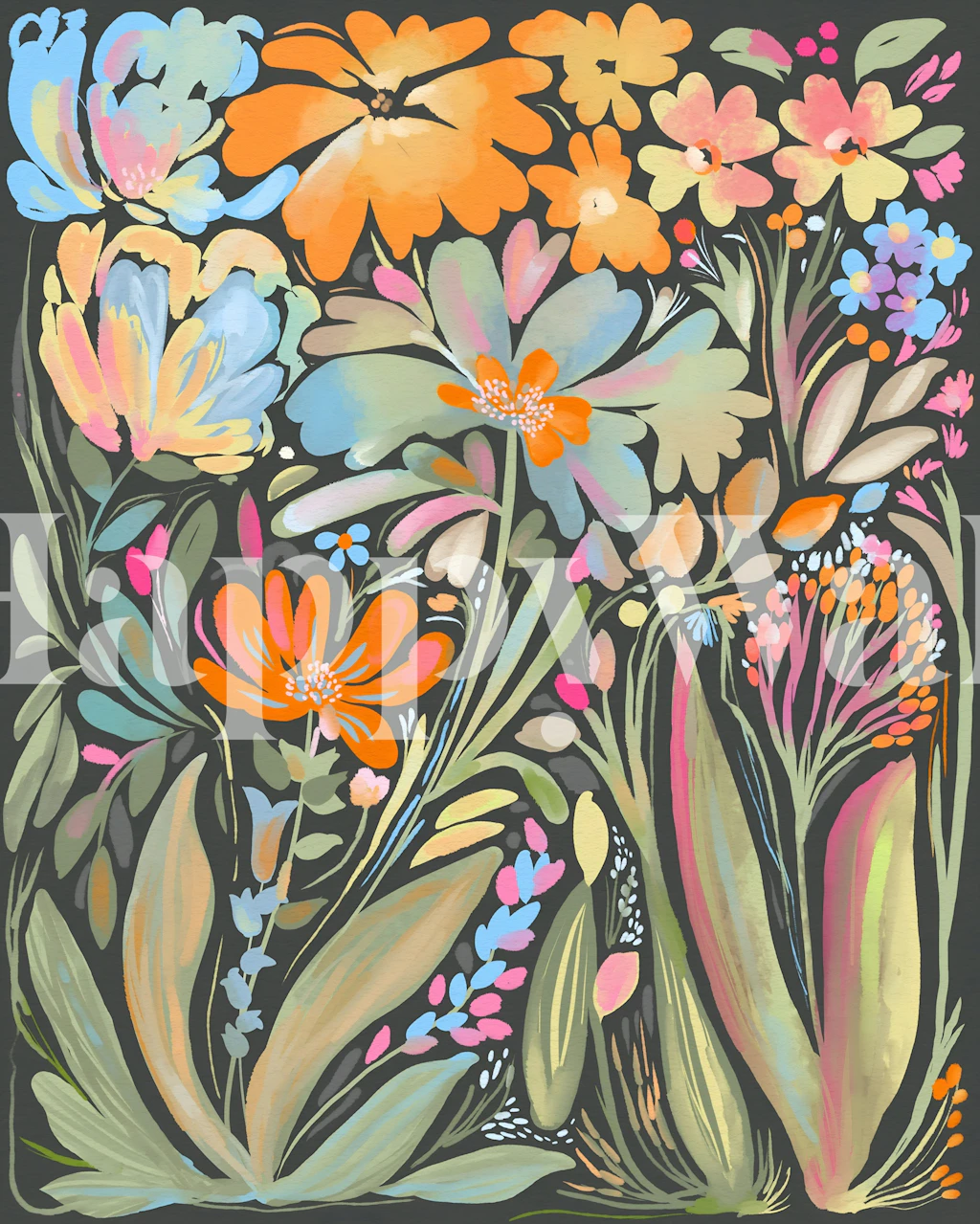 Colorful flowers in shades of blue, orange, and green on black wallpaper.