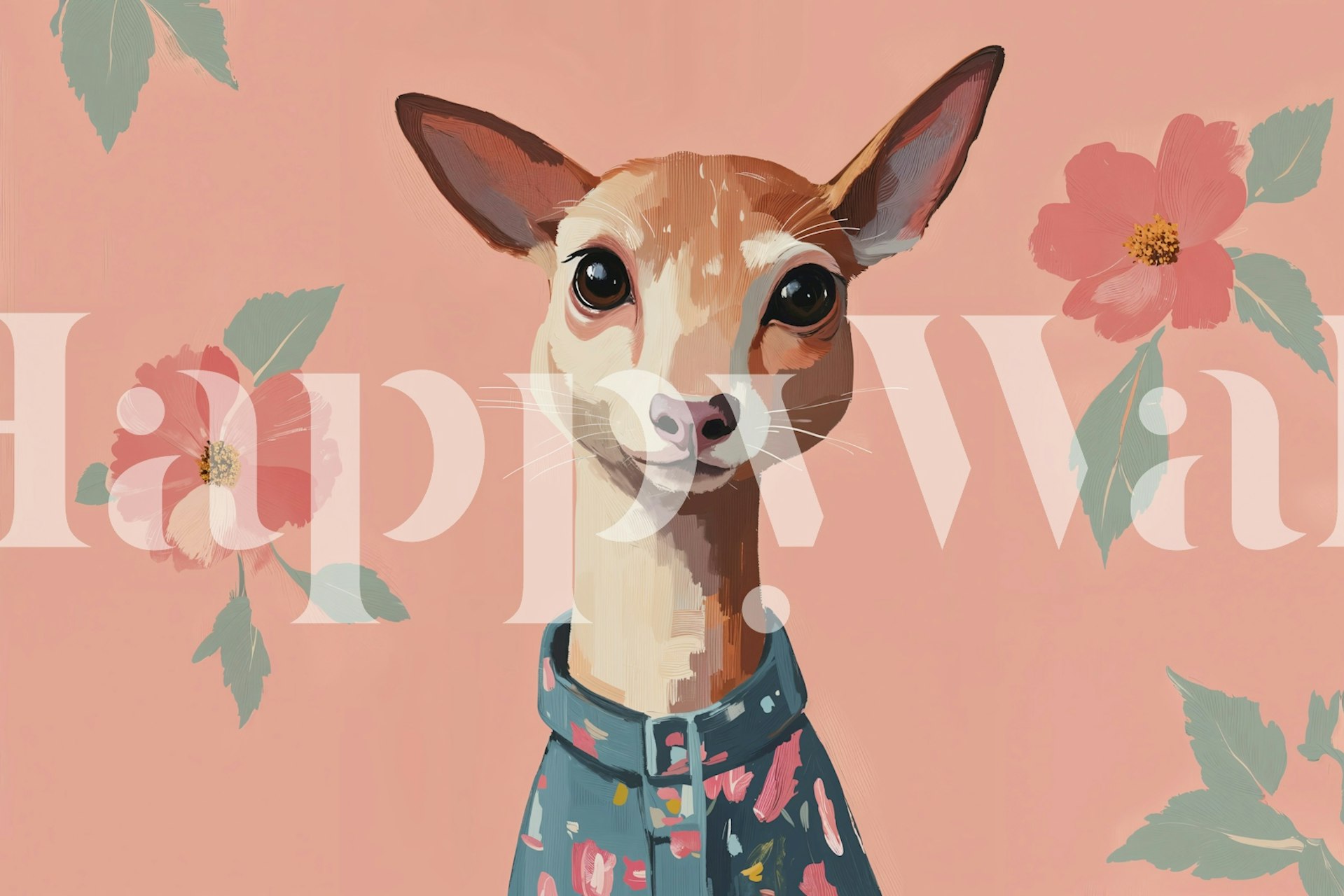 Deer portrait with pink floral accents on peach wallpaper