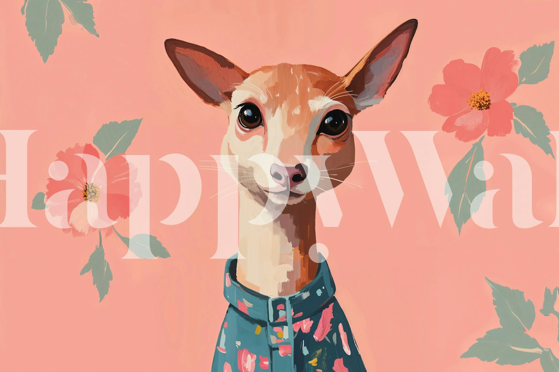 Deer portrait with pink floral accents on peach wallpaper