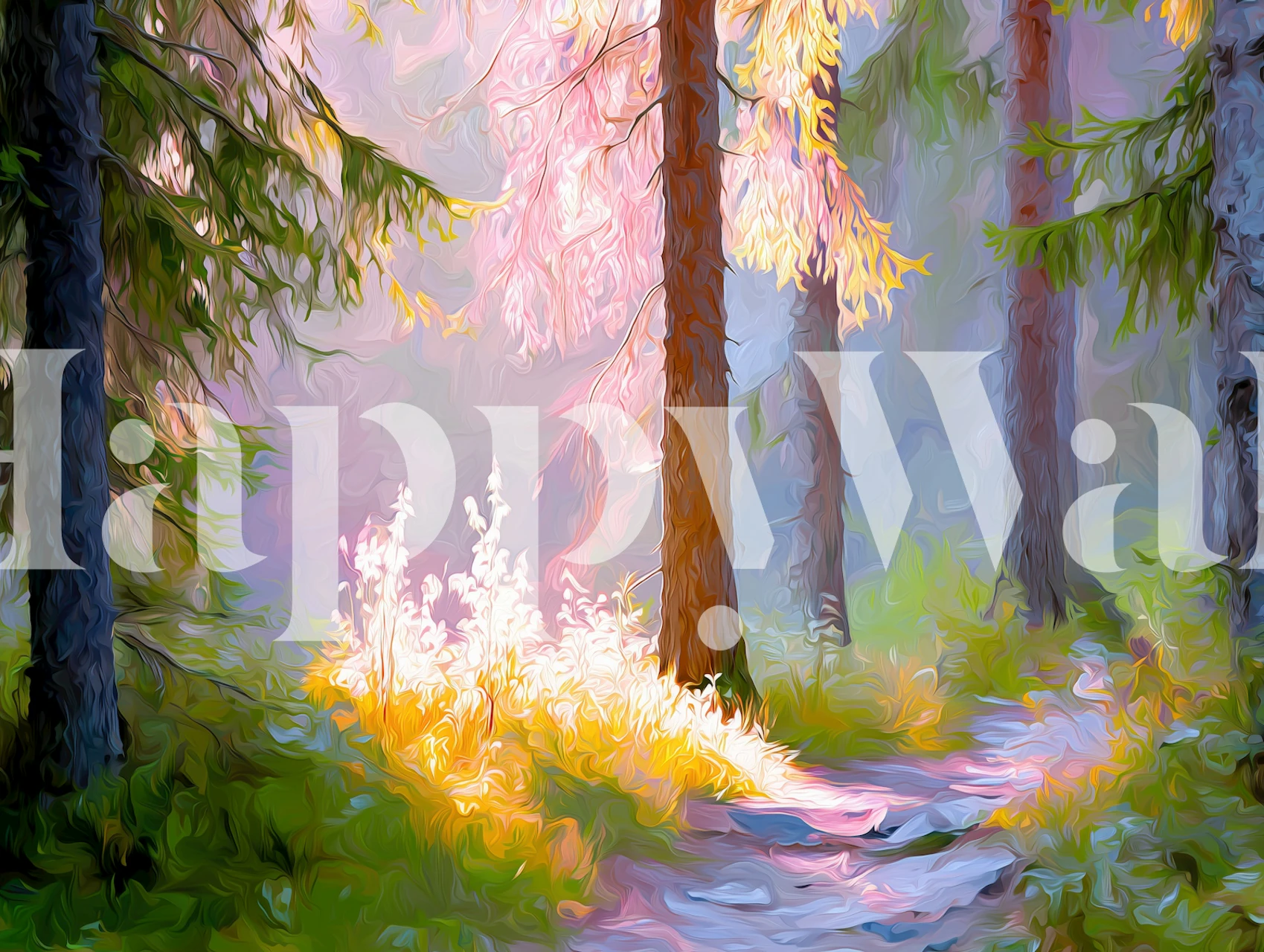 Woodland pathway with soft pink and green hues wallpaper