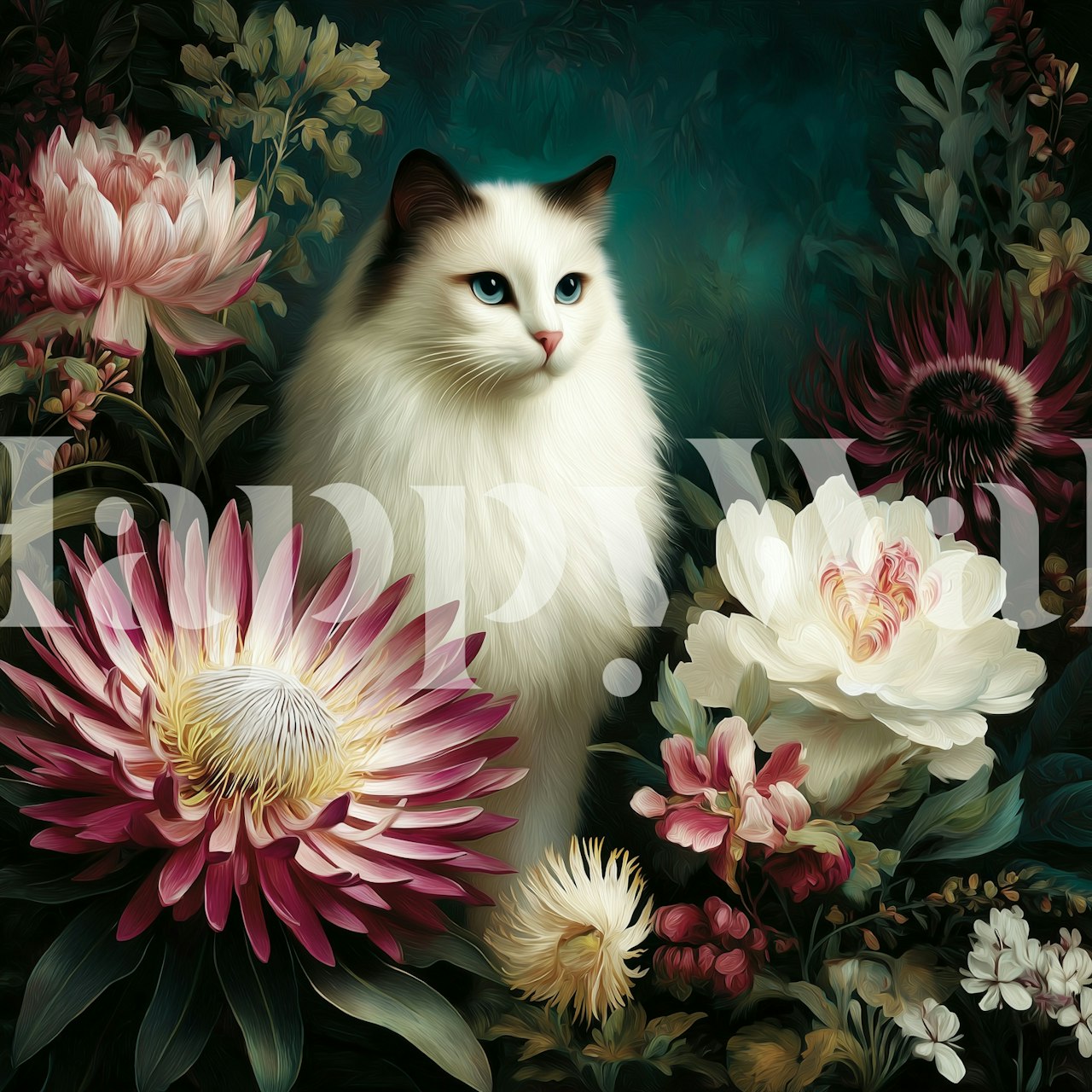 White cat among colorful flowers pink and white floral wallpaper