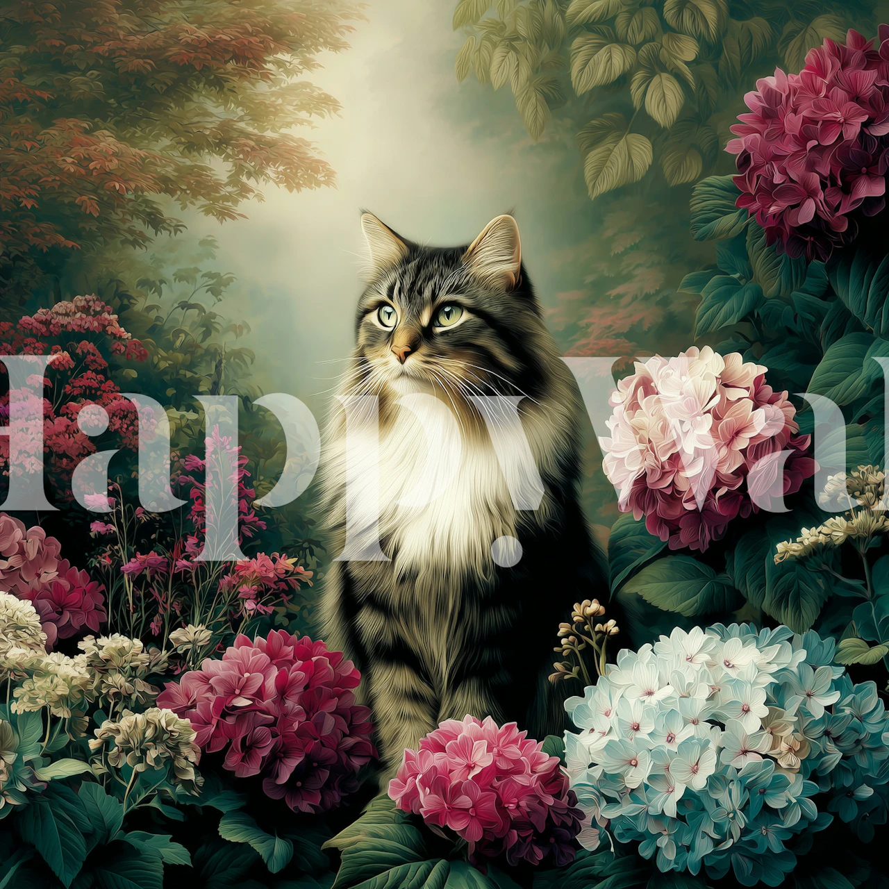 Majestic cat portrait surrounded by flowers