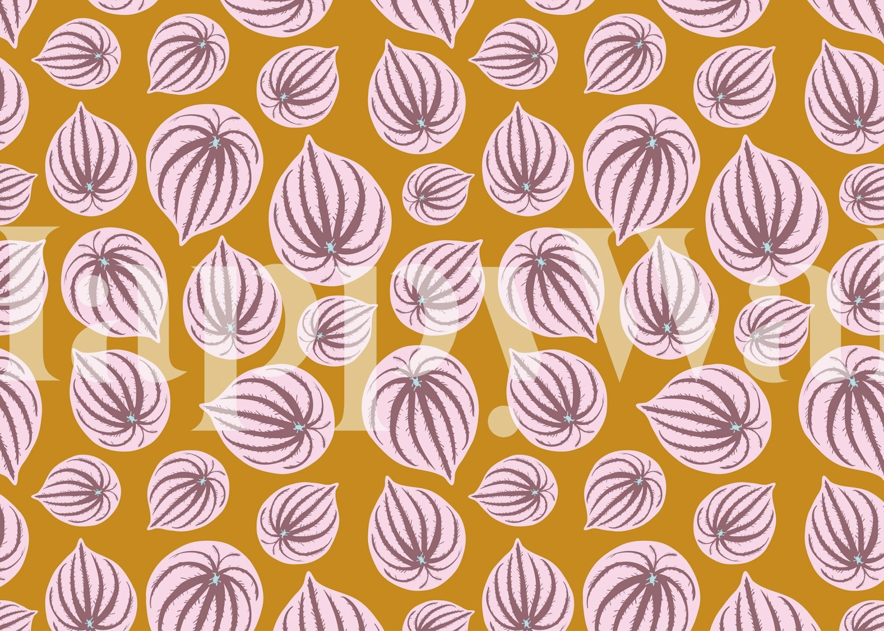Pink leaf pattern on mustard background wallpaper
