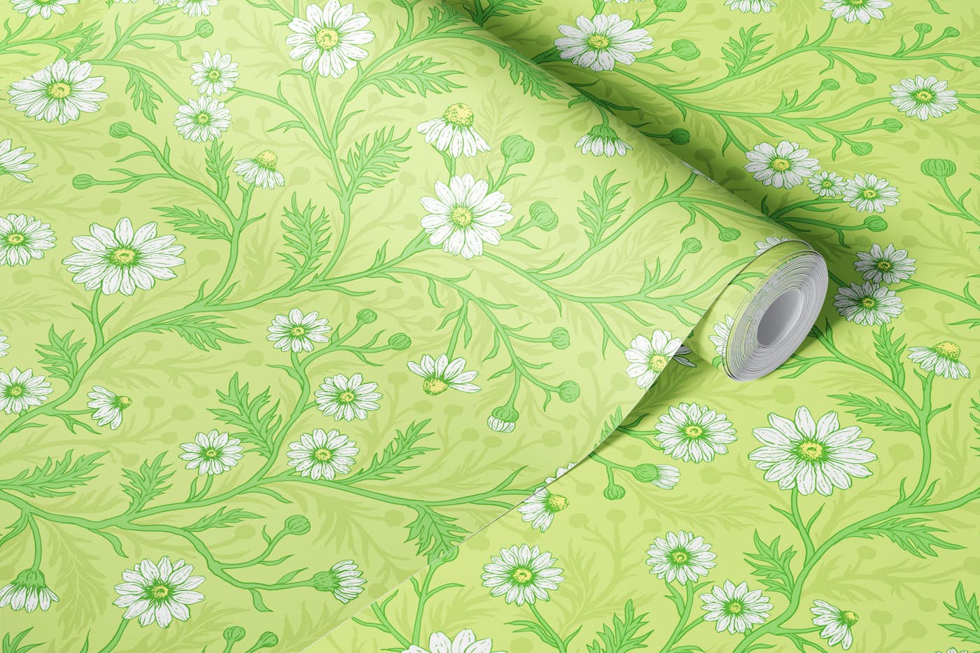 Daisies in white and green on honey dew green wallpaper roll