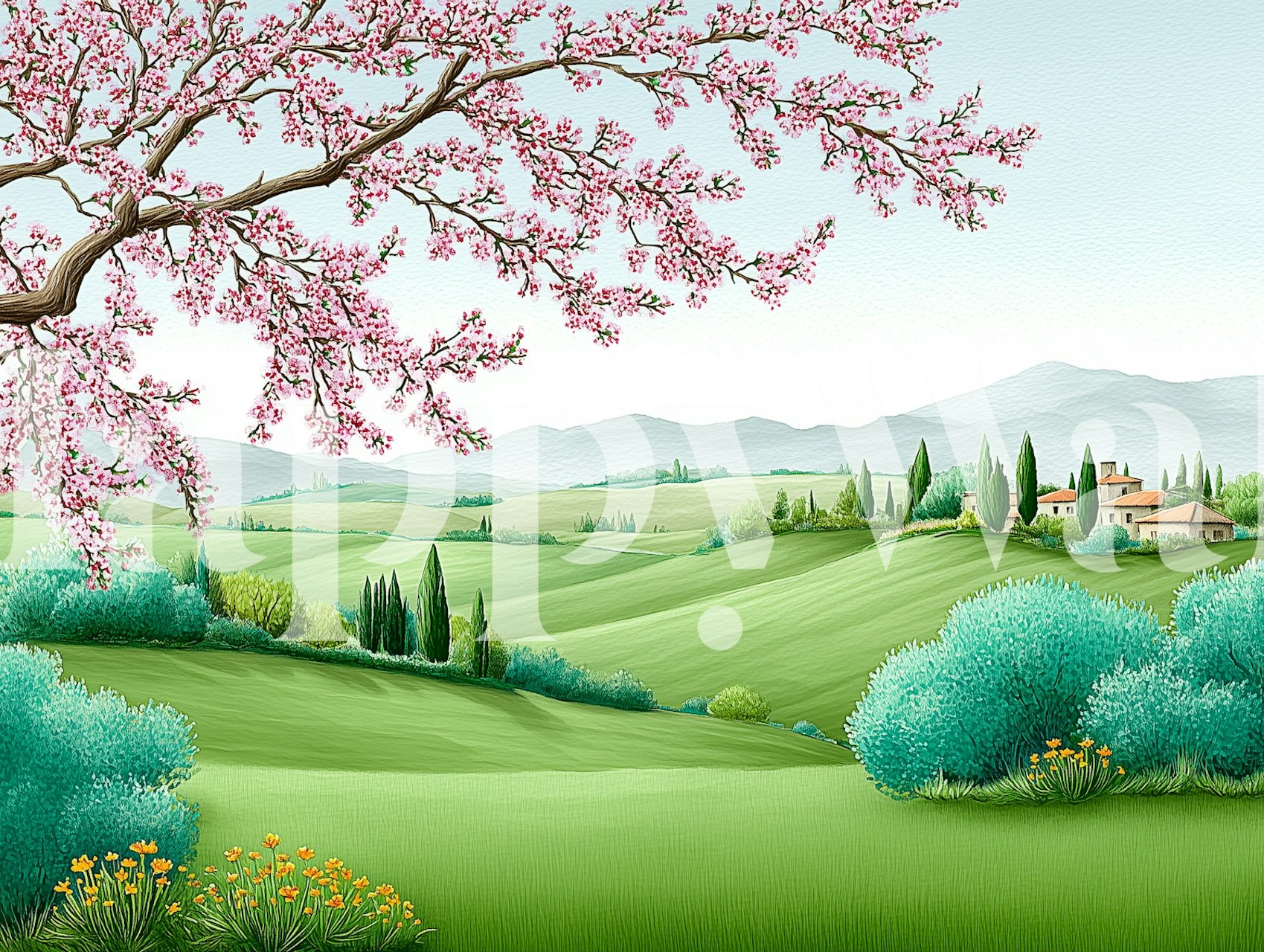 Springtime landscape with pink blossoms and green hills wallpaper