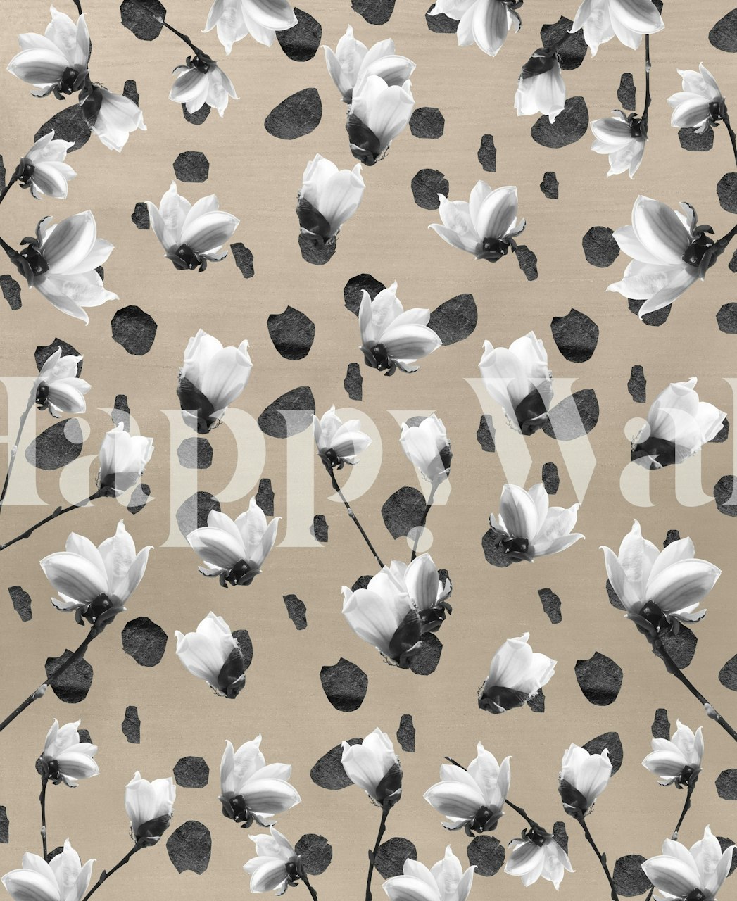 Black and white floral pattern with magnolia flowers and leaves wallpaper