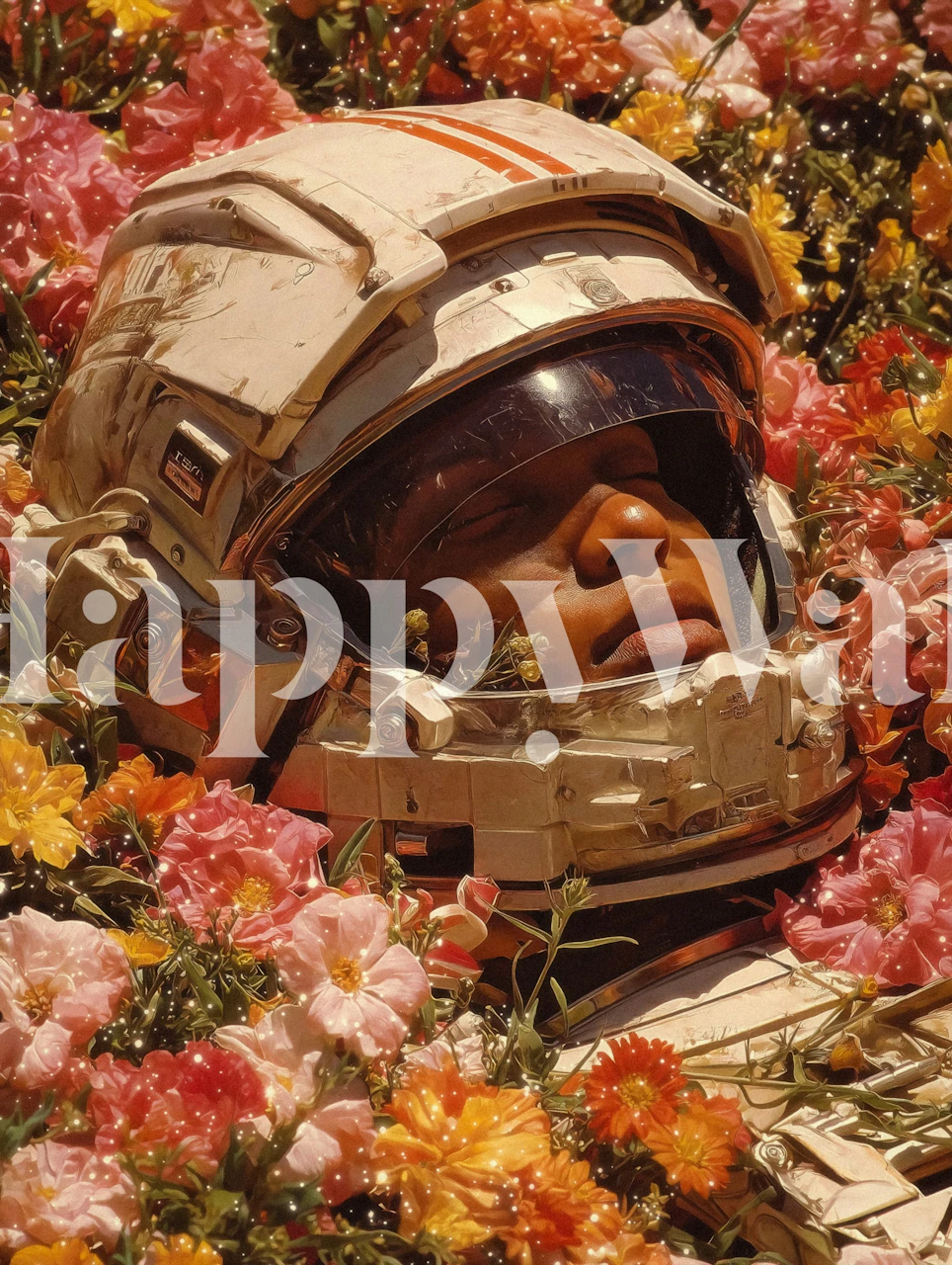 Astronaut helmet surrounded by colorful flowers wallpaper
