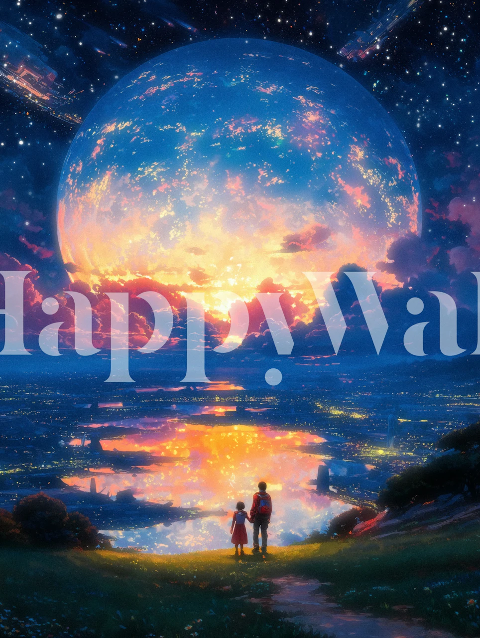 Night sky with stars and a large glowing moon wallpaper