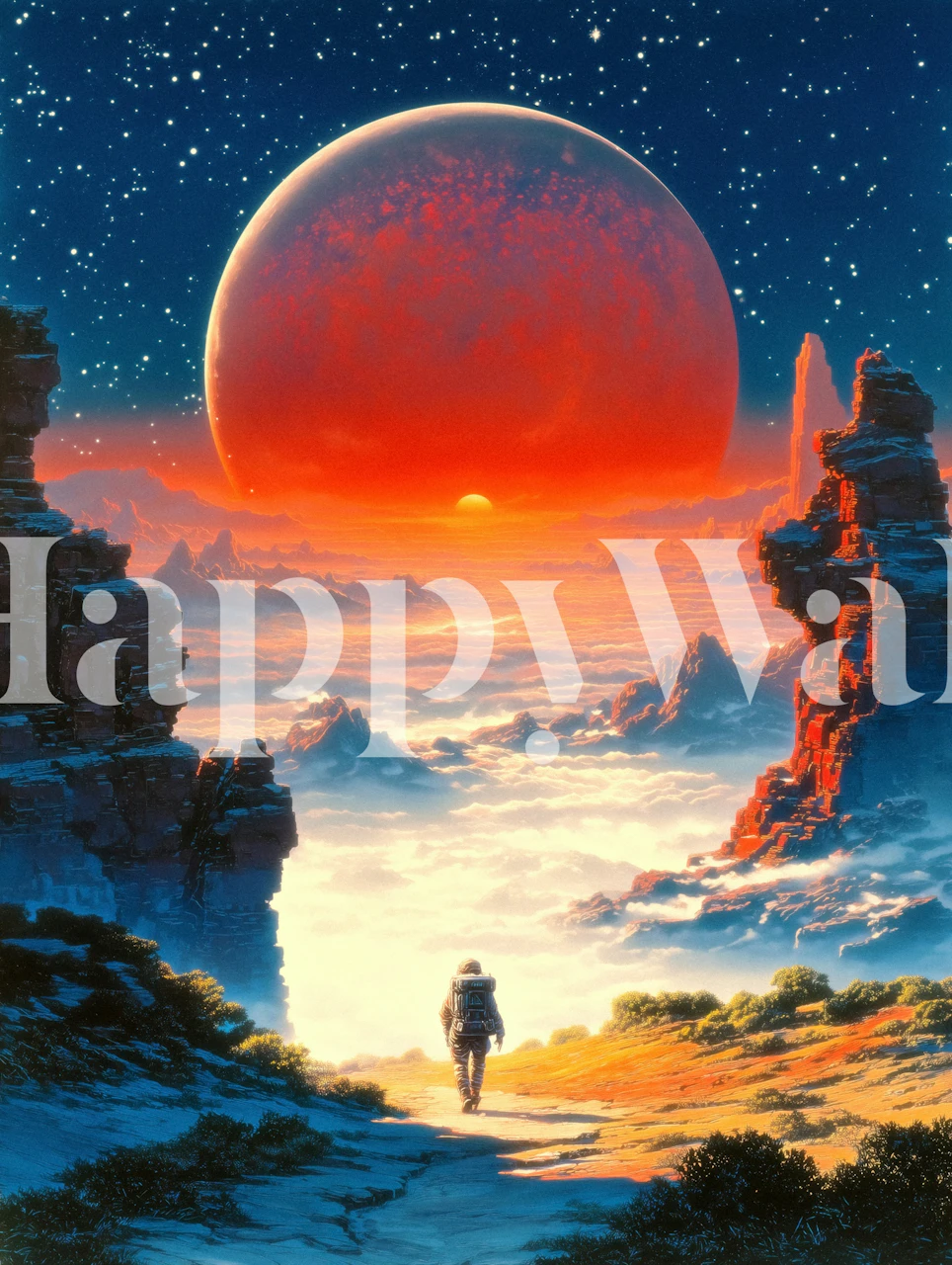 Astronaut som går i en rød morgenrøde tapet