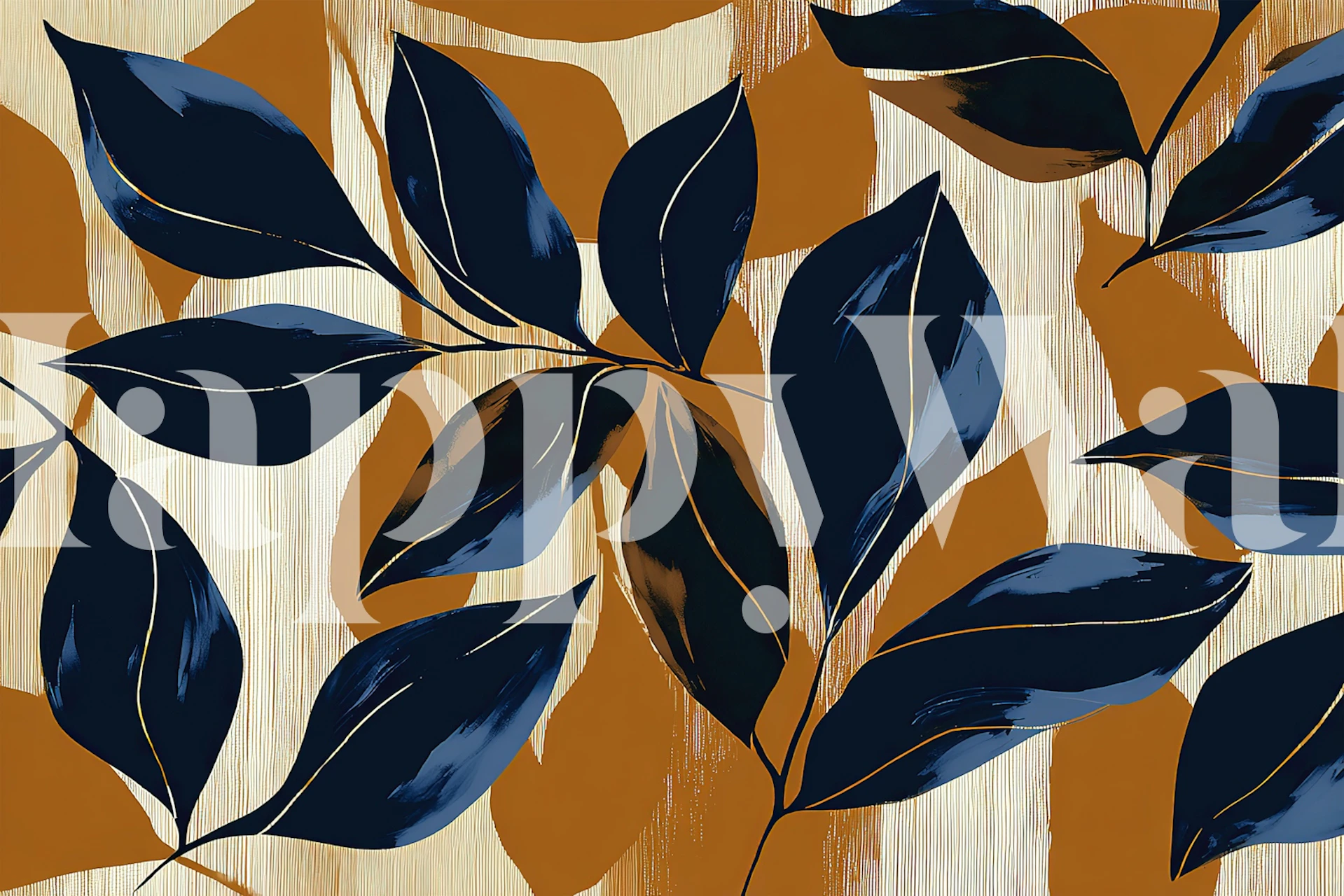 Navy botanical leaves on beige background wallpaper