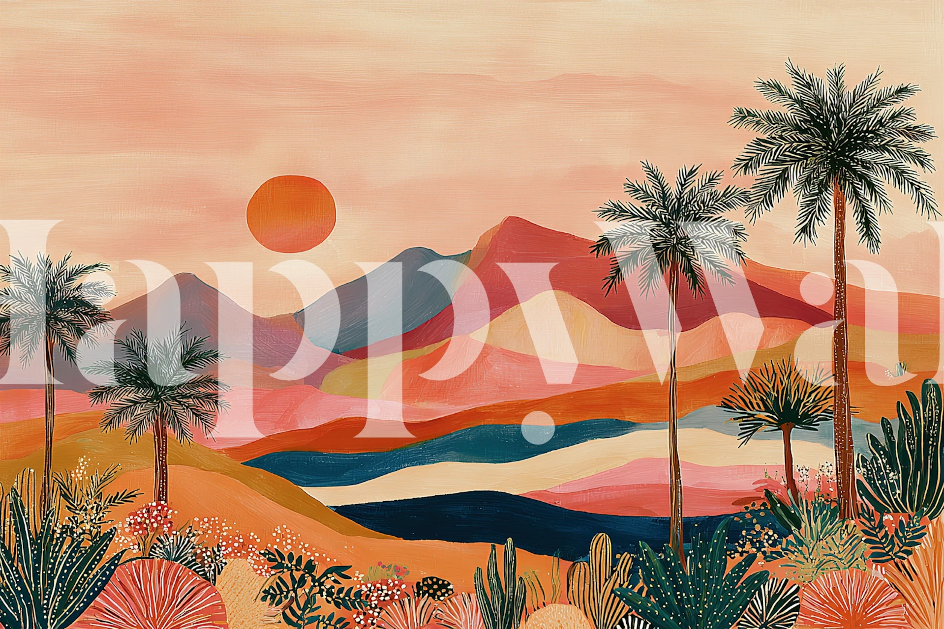 Tropical landscape with pink mountains and palm trees wallpaper