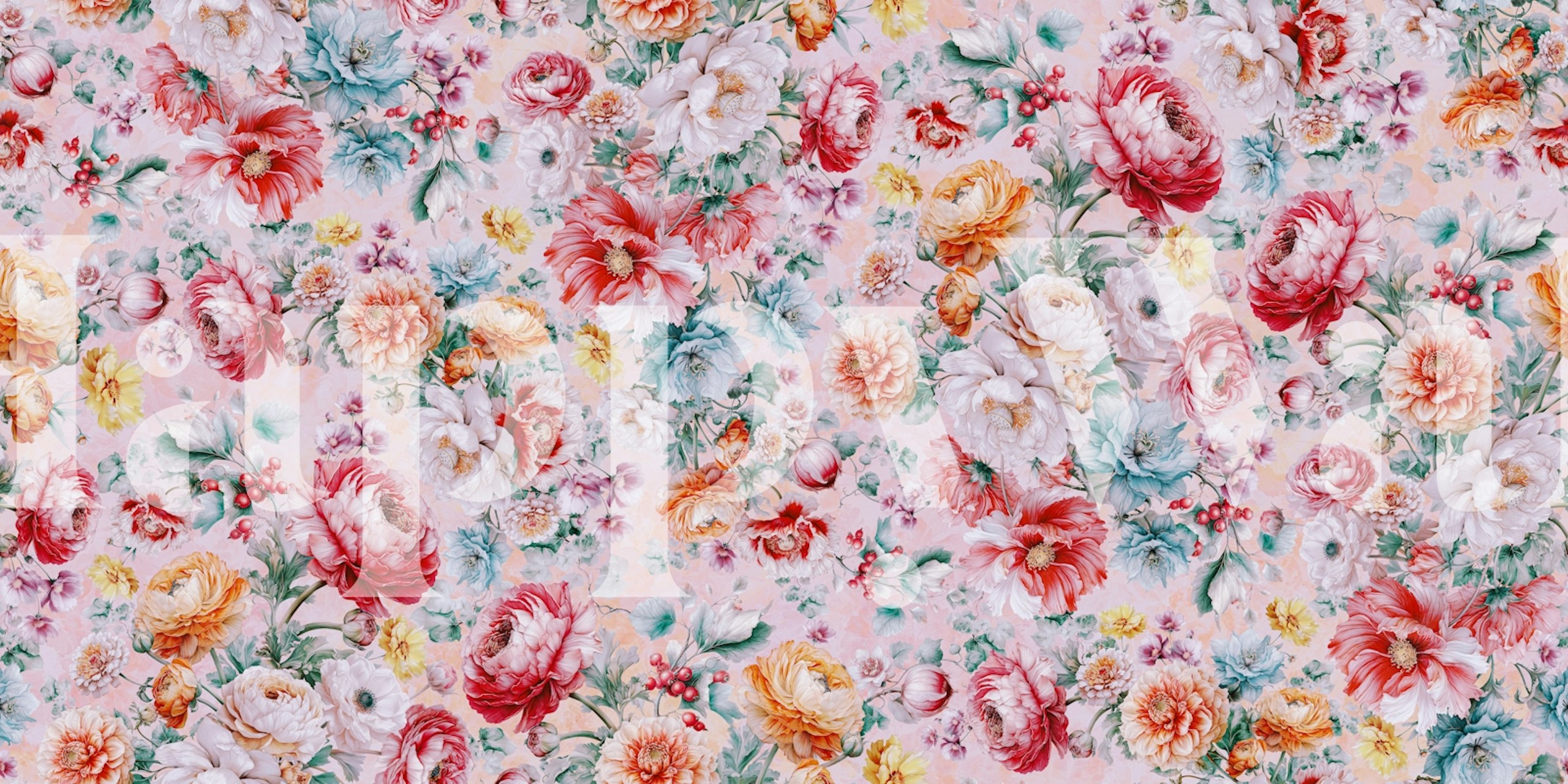 Colorful pink floral pattern with peonies and roses wallpaper