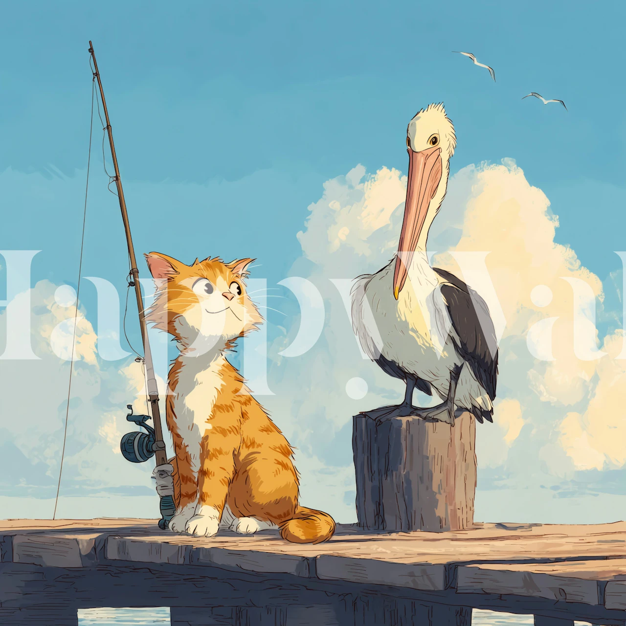 Cat and pelican wallpaper design in room