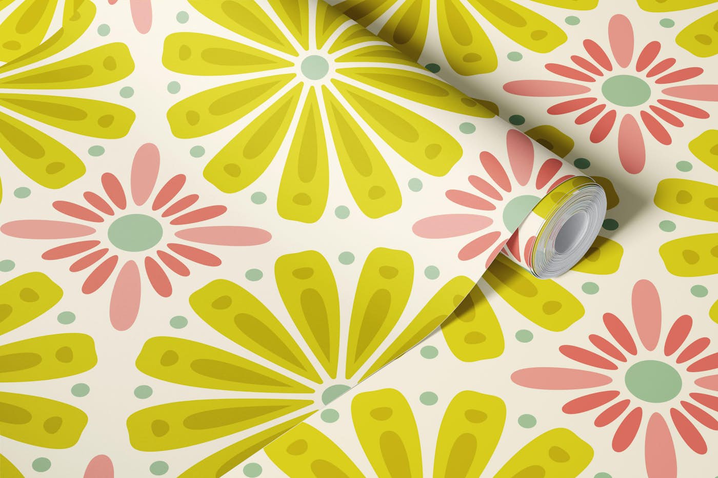 Sunburst Floral Magic in Green Pink - L wallpaper roll