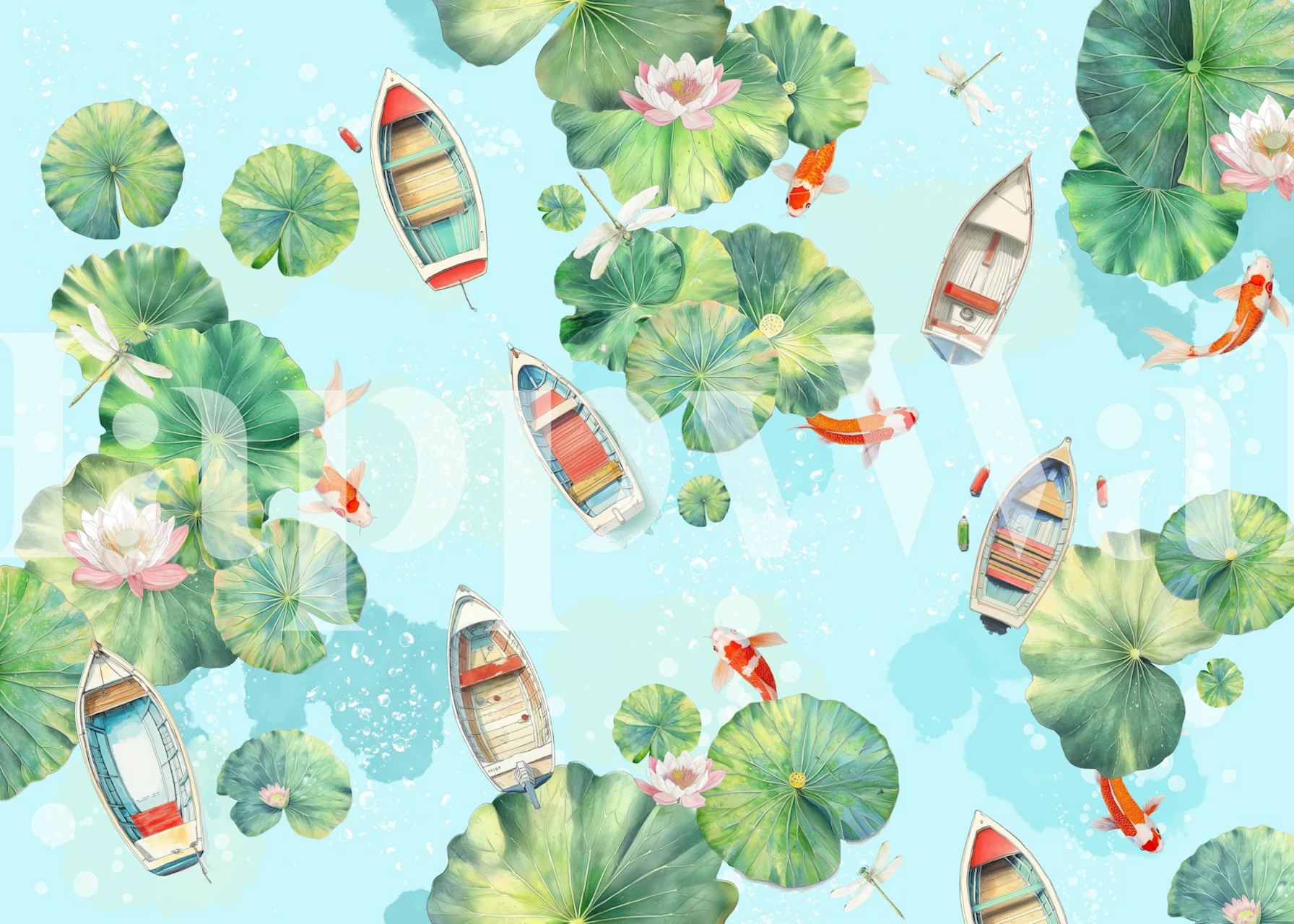 Lily pads, koi fish, and boats in a serene blue water scene wallpaper