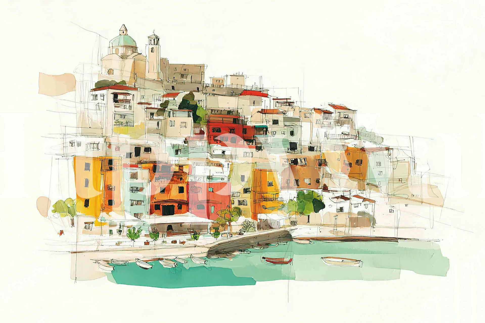 Colorful buildings on a hillside with a blue sea wall mural