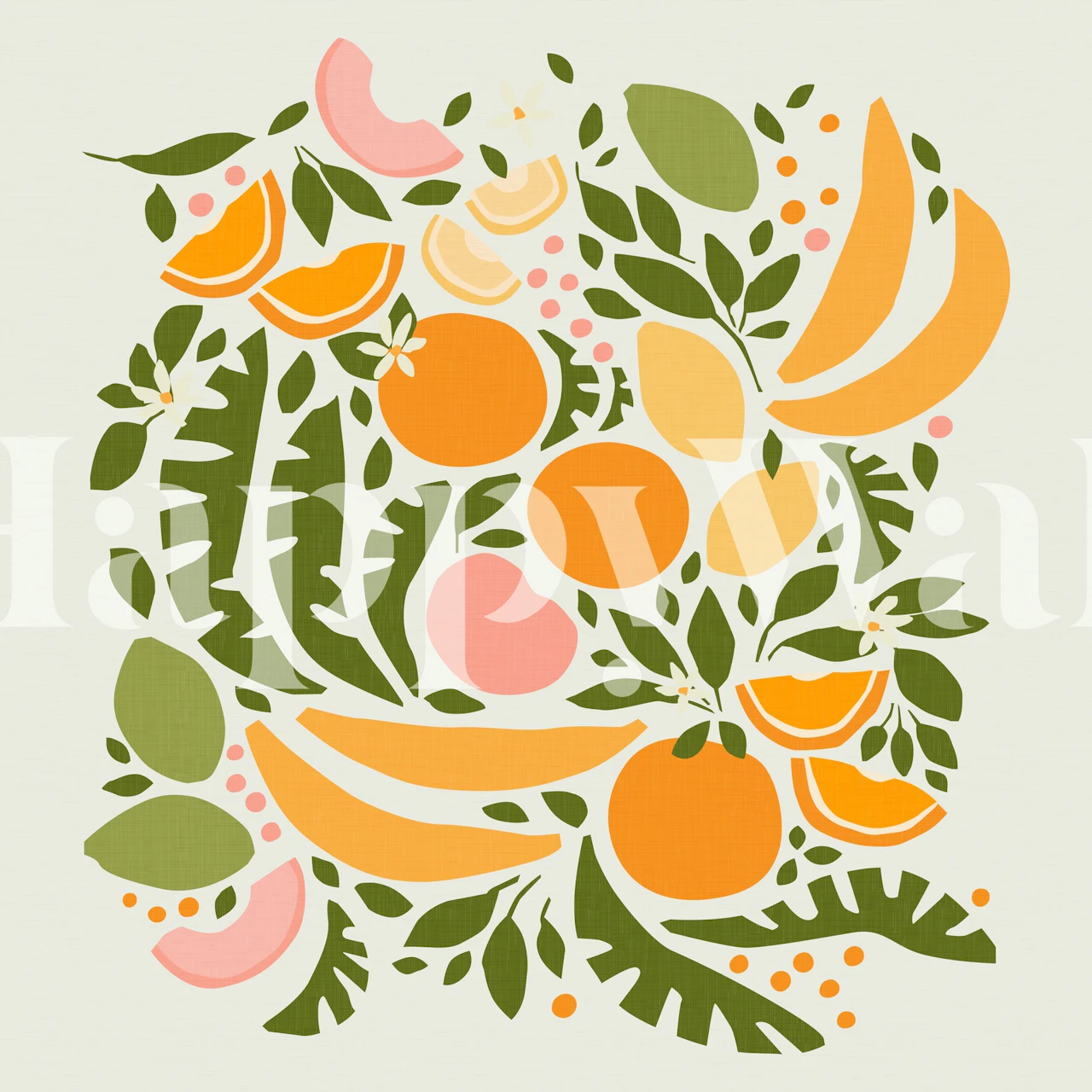 Colorful fruit and leaf patterns in orange, pink, and green wallpaper