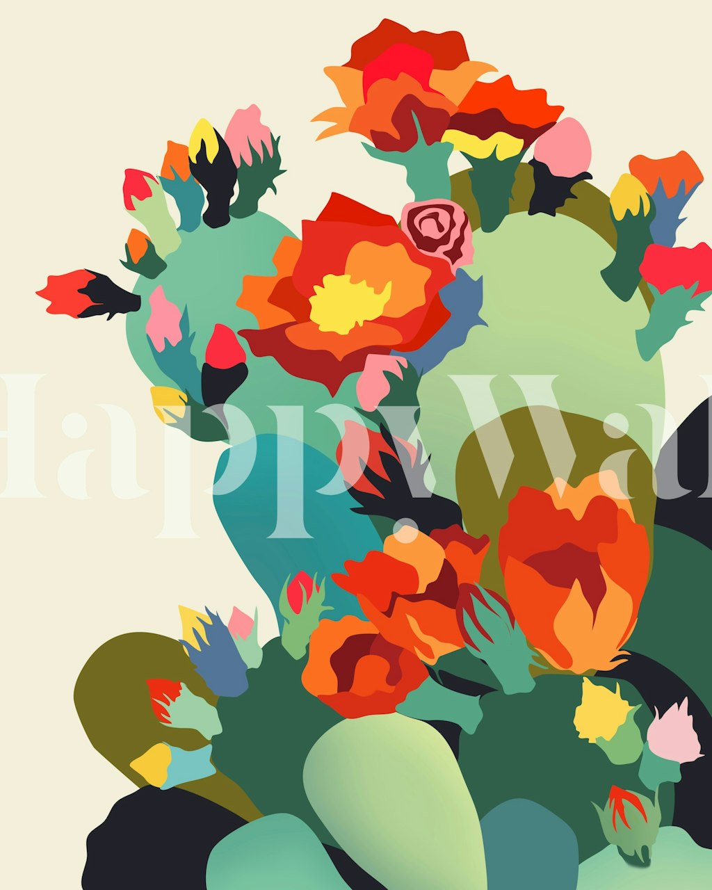 Colorful floral cactus design with vibrant red, pink, and green wallpaper