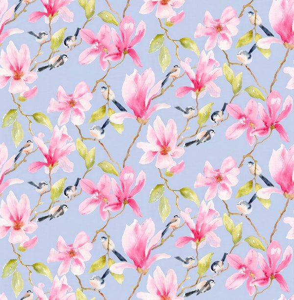 Springtime Petals and Birds sky blue L