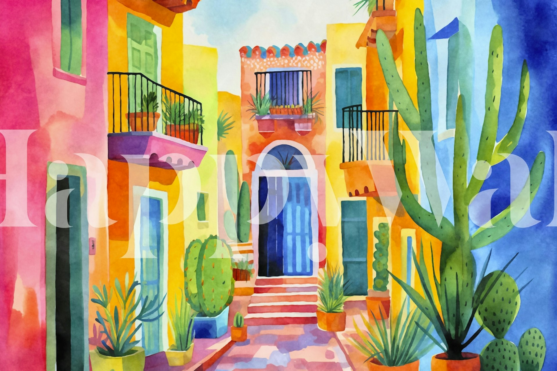 Colorful tropical village scene with cacti and plants wallpaper