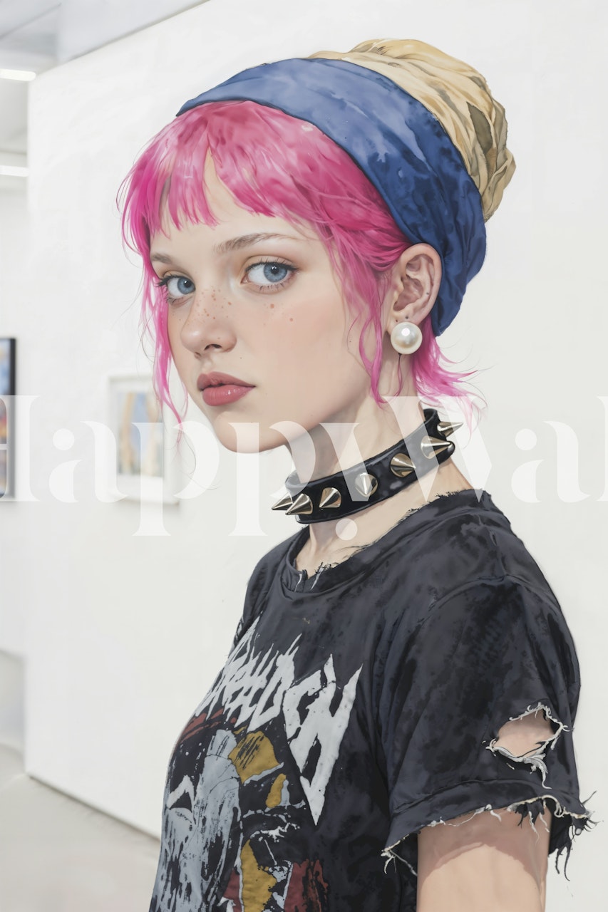Portrait of a girl with pink hair and pearl earrings, punk style wallpaper
