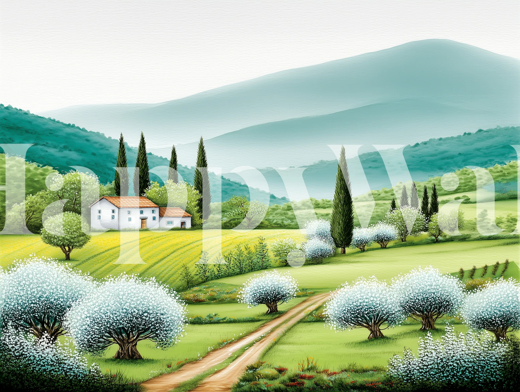 Spring countryside view wallpaper in a room