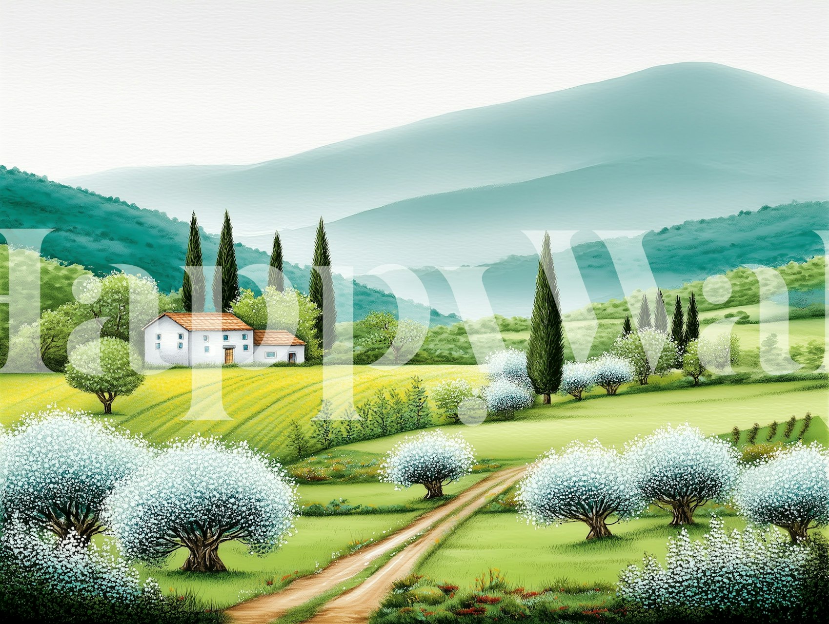 Spring countryside view wallpaper in a room