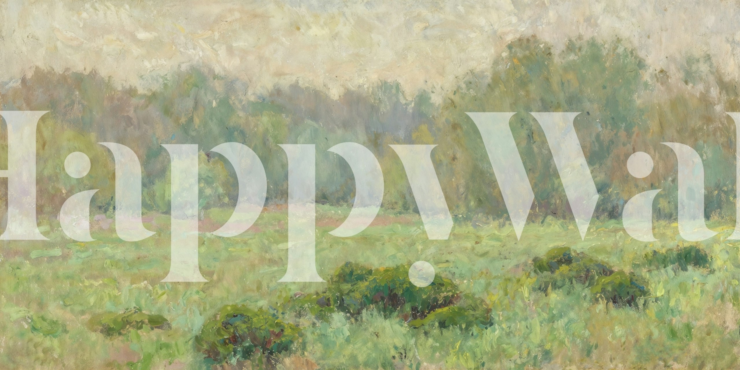 Soft green landscape with trees under a light sky wallpaper