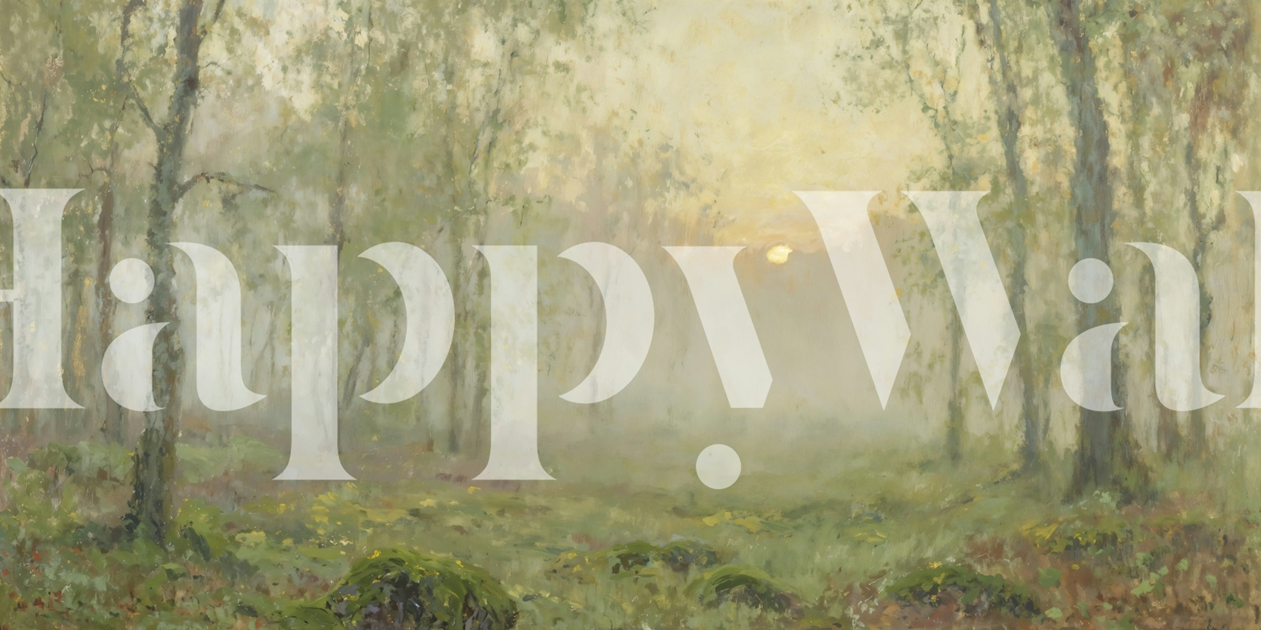 Misty forest at sunrise wallpaper in a room