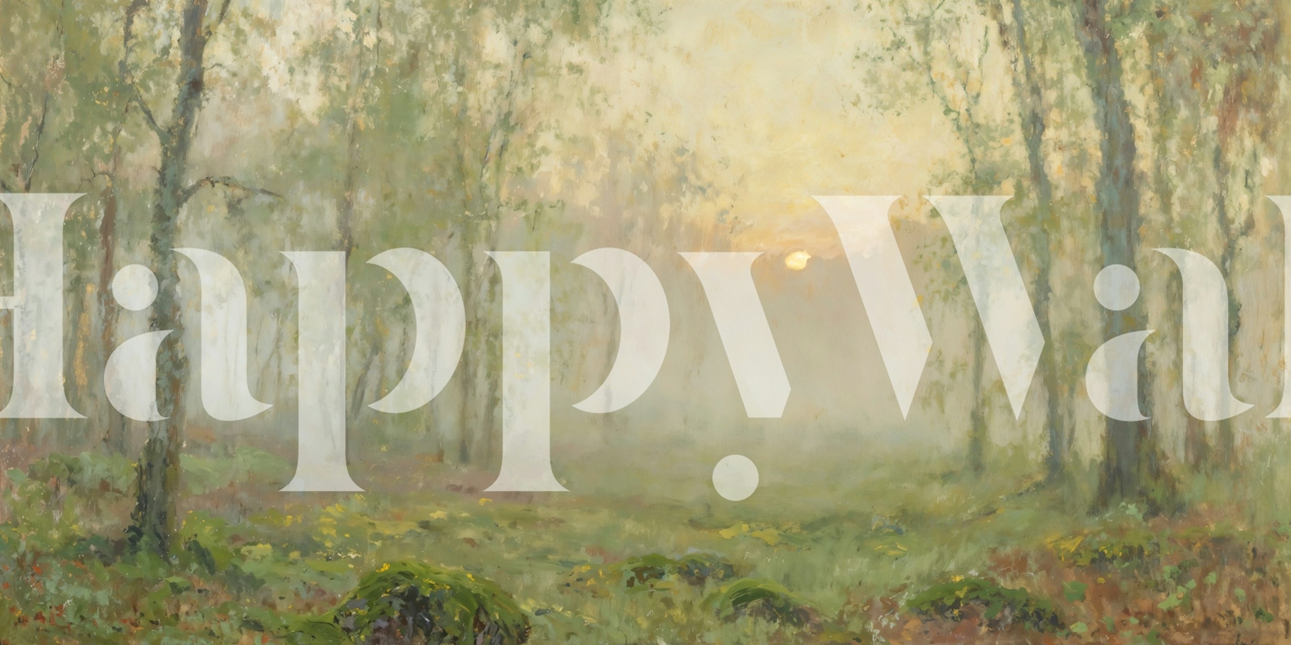 Misty forest at sunrise wallpaper in a room